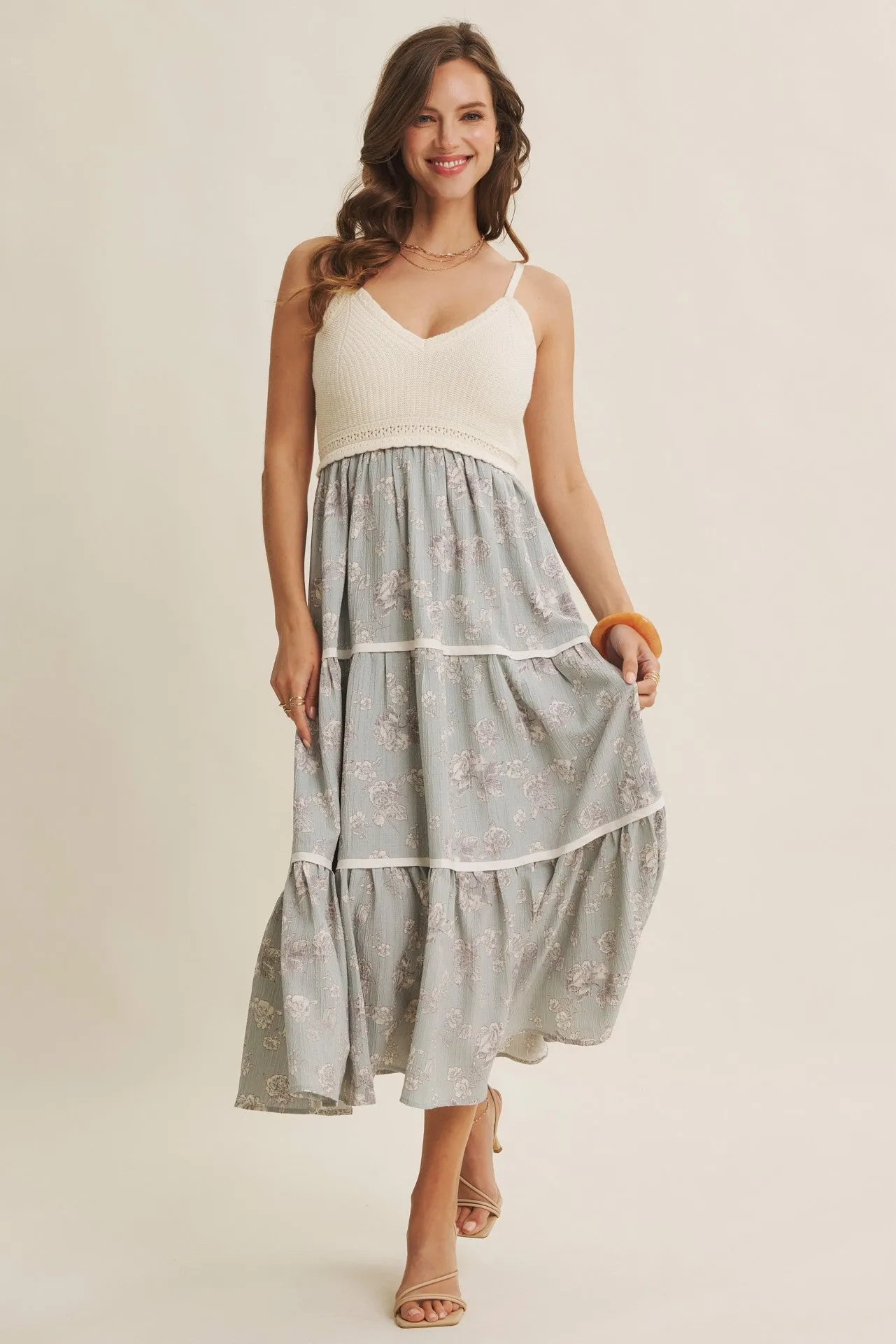 Dusty Mint Floral Crochet Knit Top Floral Skirt Dress sold by Pinkblush product image thumbnail 3