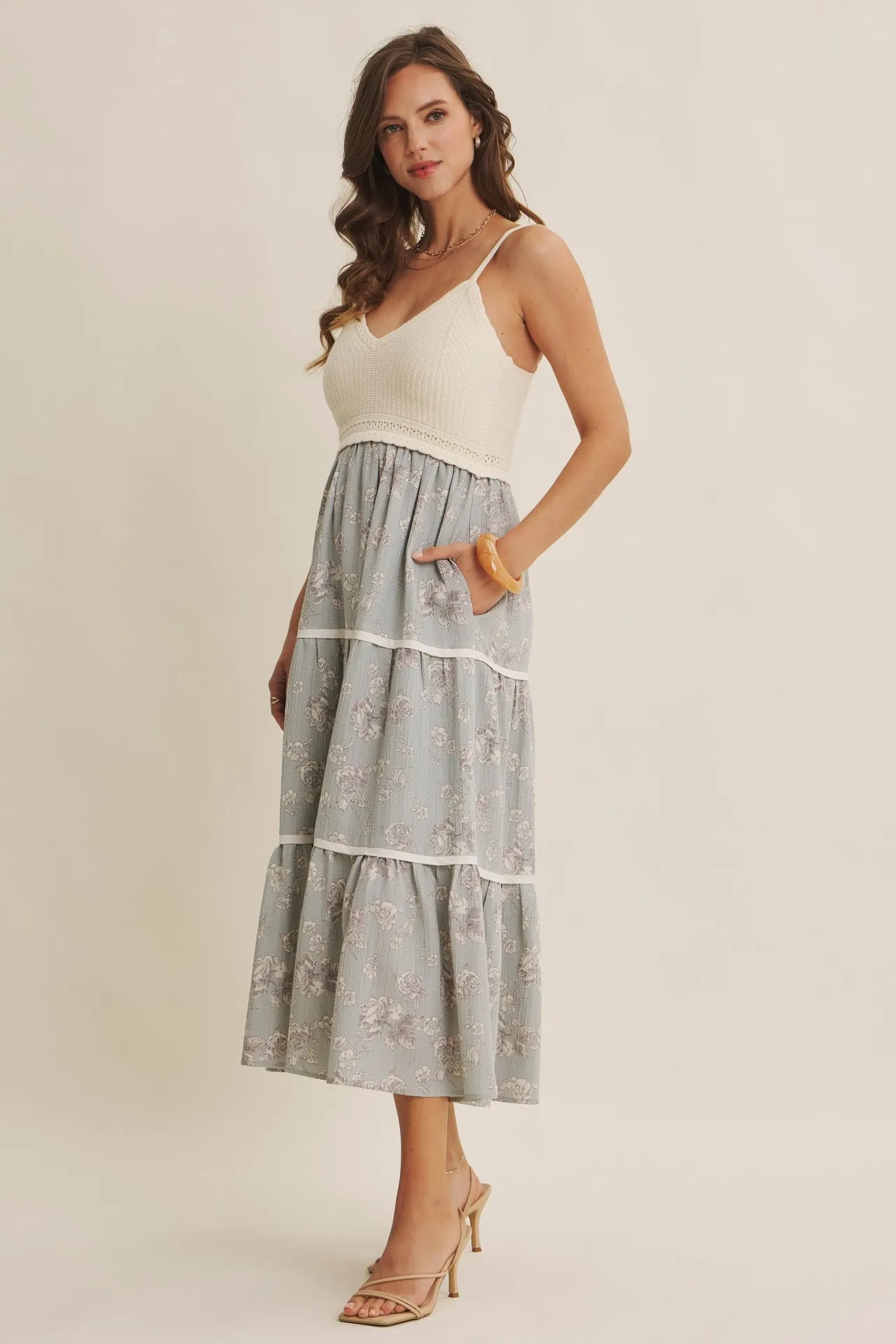 Dusty Mint Floral Crochet Knit Top Floral Skirt Dress sold by Pinkblush product image thumbnail 4