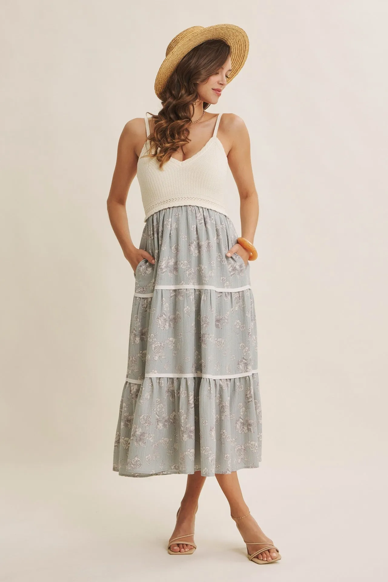 Dusty Mint Floral Crochet Knit Top Floral Skirt Dress sold by Pinkblush