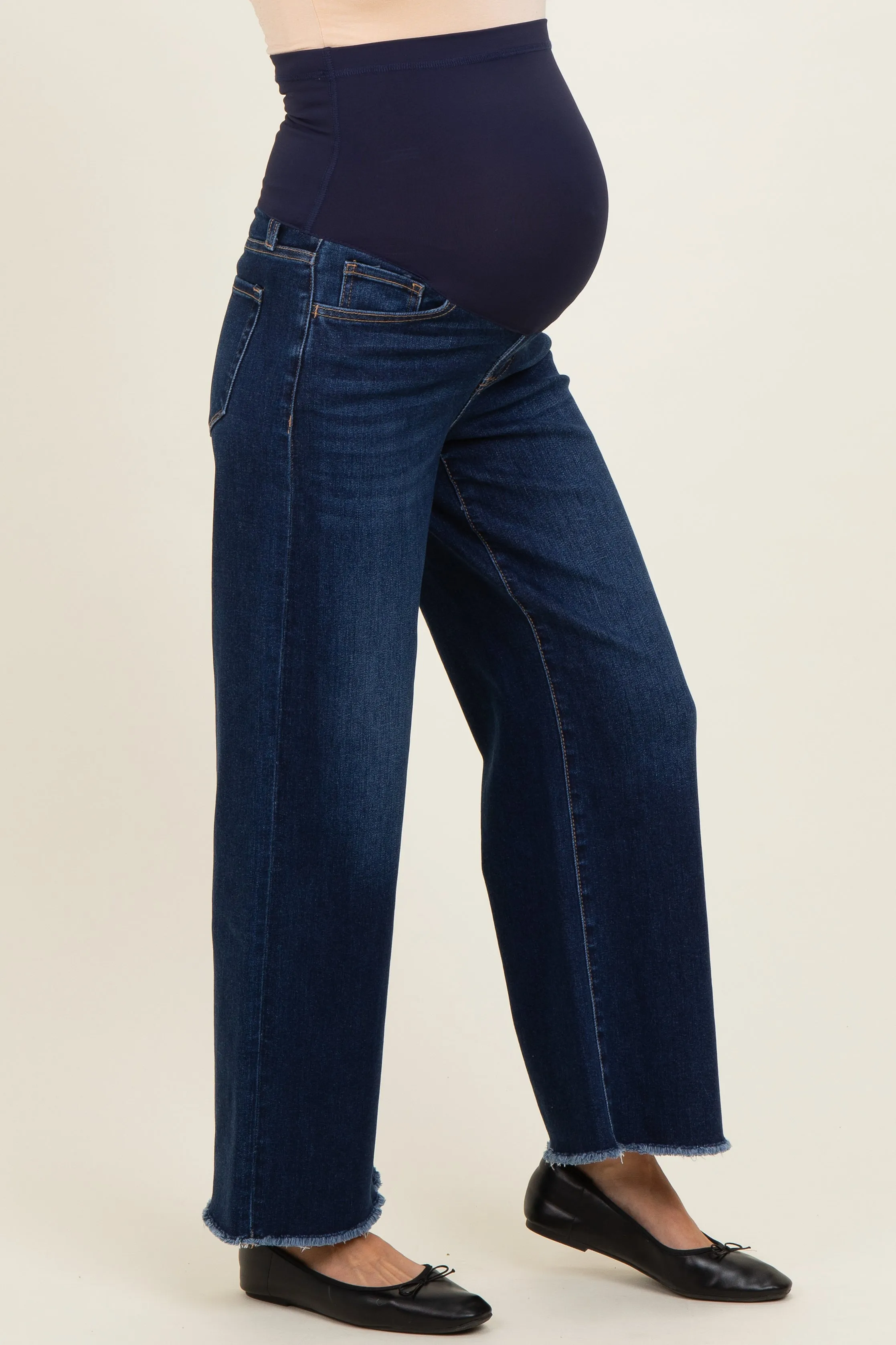 Navy Dark Wash Ankle Raw Hem Wide Leg Maternity Jeans sold by Pinkblush product image thumbnail 3