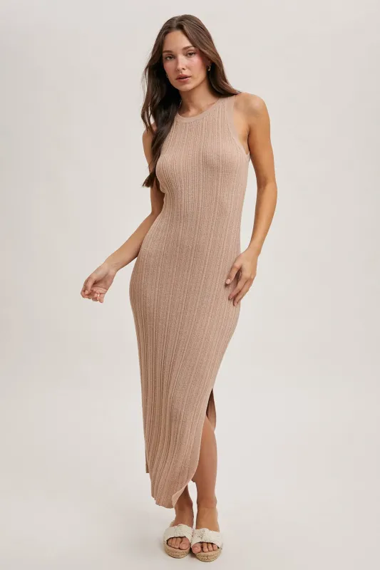 Latte High Neck Side Slit Midi Dress made by Bluivy