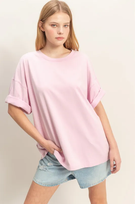 Pink Washed Oversized Crew Neck Top made by HYFVE