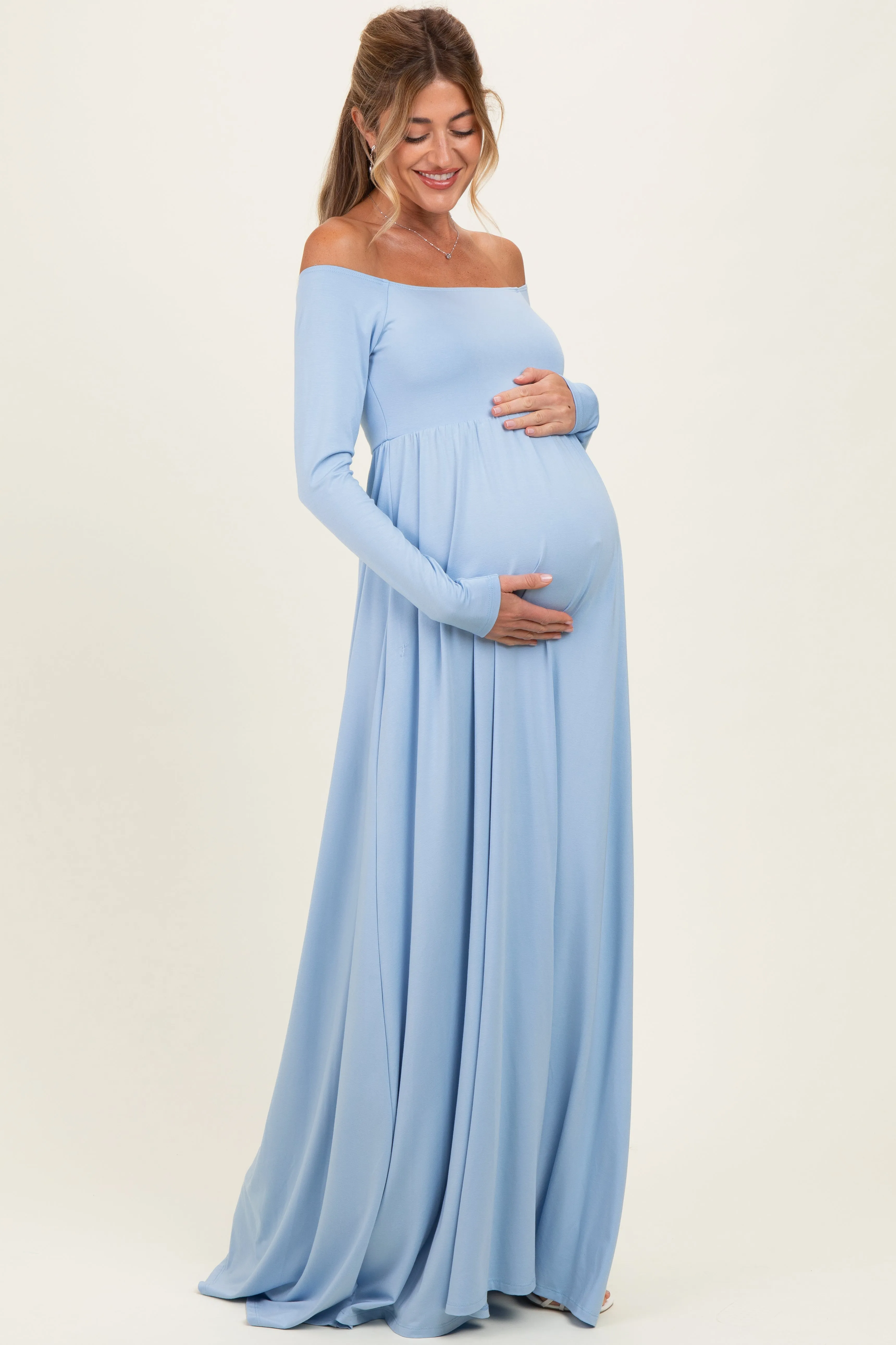 PinkBlush Light Blue Off Shoulder Maternity Maxi Dress sold by Pinkblush product image thumbnail 2