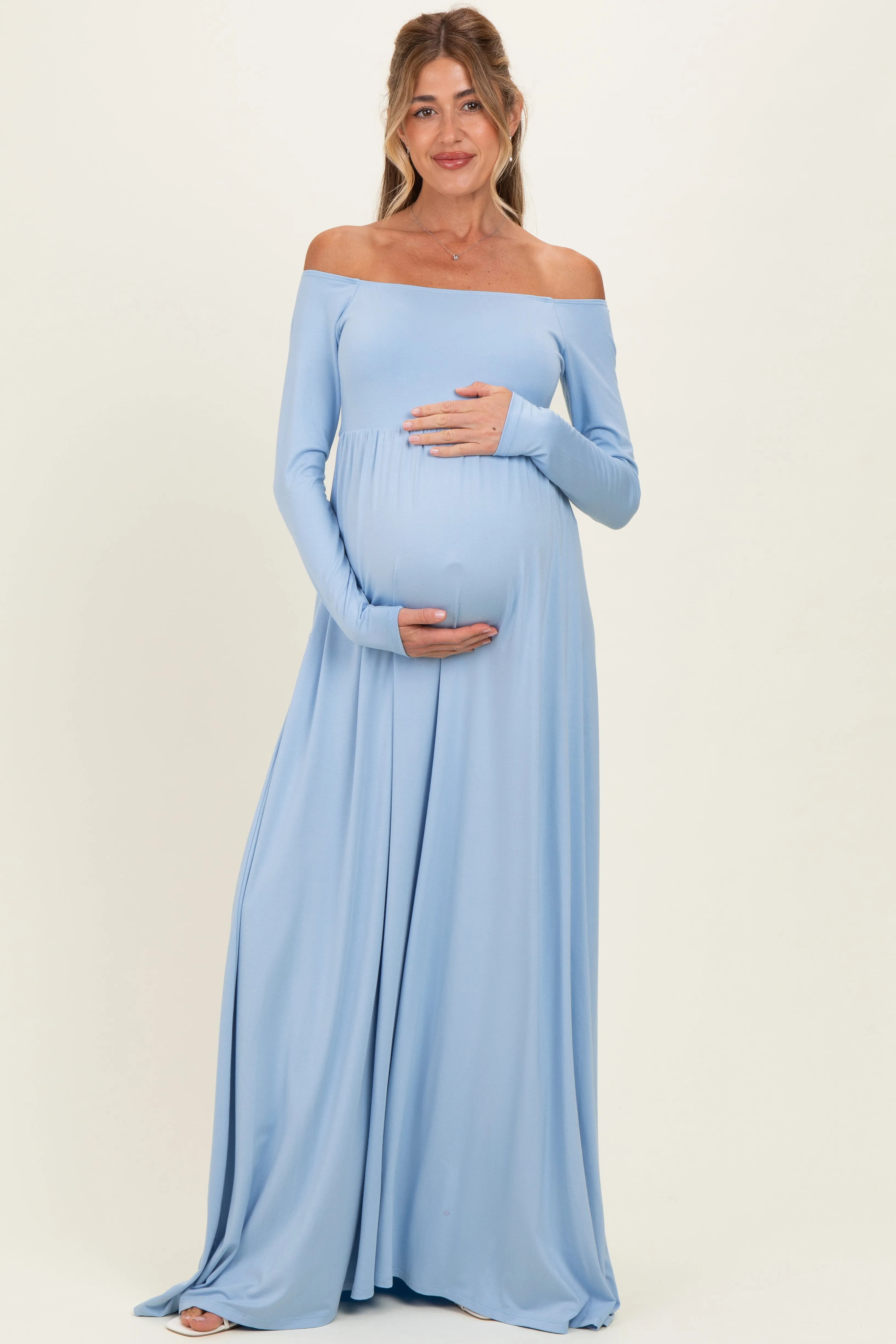 PinkBlush Light Blue Off Shoulder Maternity Maxi Dress sold by Pinkblush
