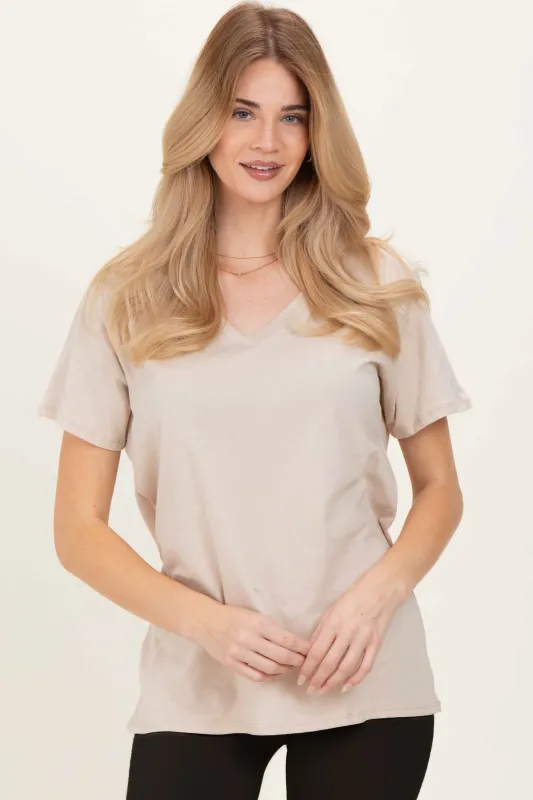 Sand Beige Oversized V-Neck Short Sleeve Tee made by Zenana Outfitters