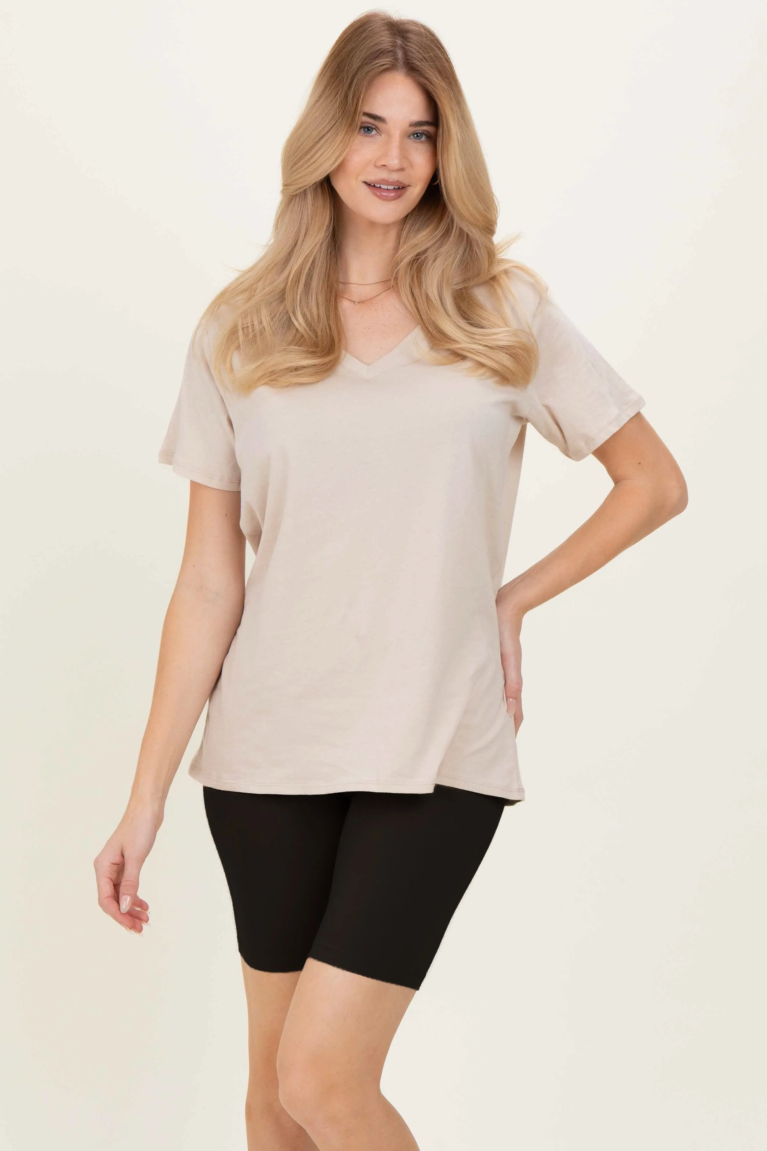 Sand Beige Oversized V-Neck Short Sleeve Tee sold by Pinkblush product image thumbnail 2