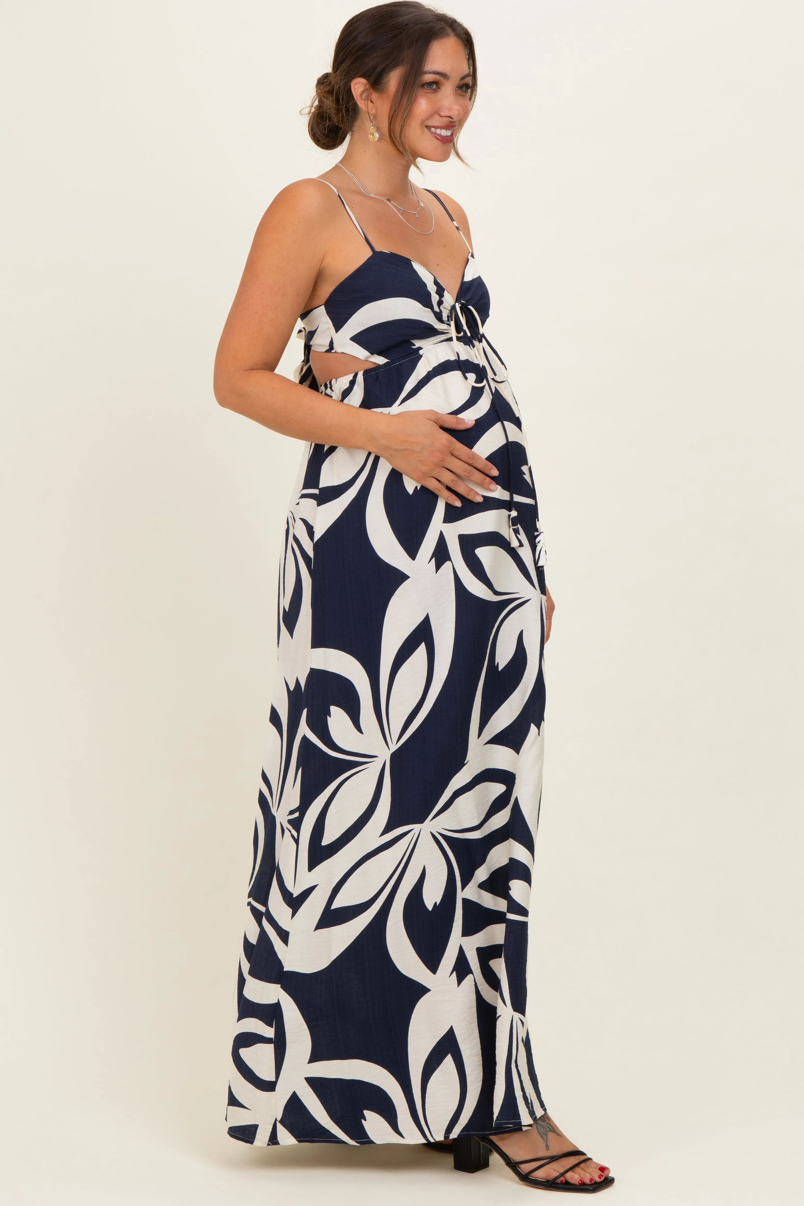 Navy Floral Cutout Halter Maternity Maxi Dress sold by Pinkblush product image thumbnail 2