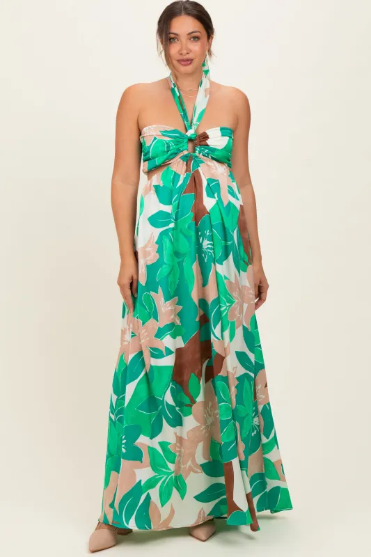 Green Floral Halter Cut Out Maternity Maxi Dress made by Aakaa
