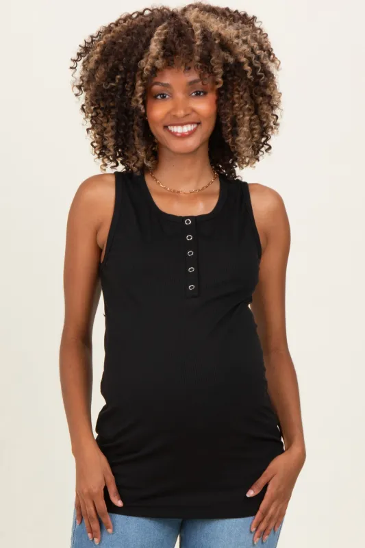 Black Ribbed Sleeveless Henley Maternity Tank Top made by Hello MIZ