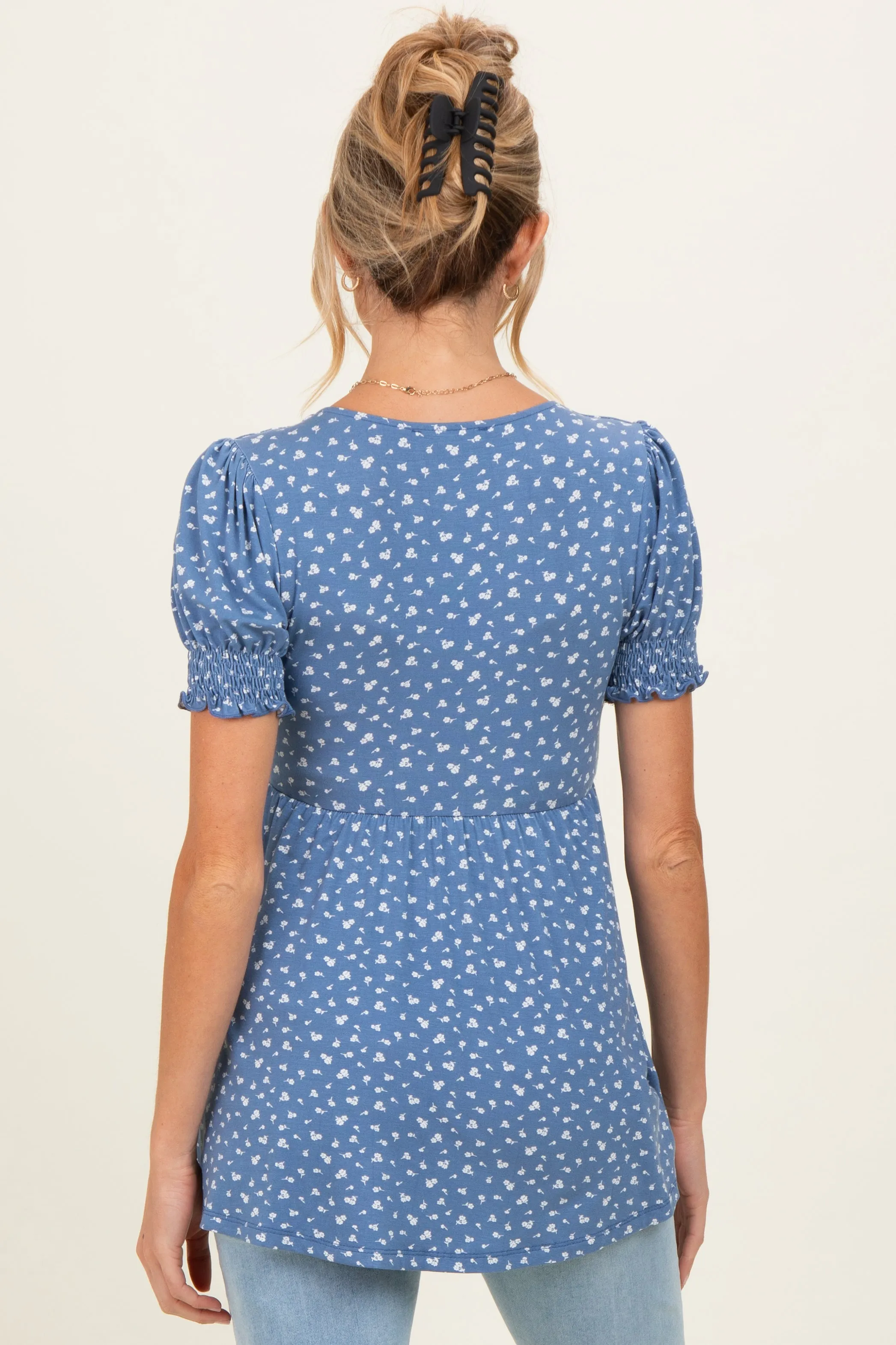 Blue Ditsy Floral Smocked Sleeve Maternity Wrap Top sold by Pinkblush product image thumbnail 4