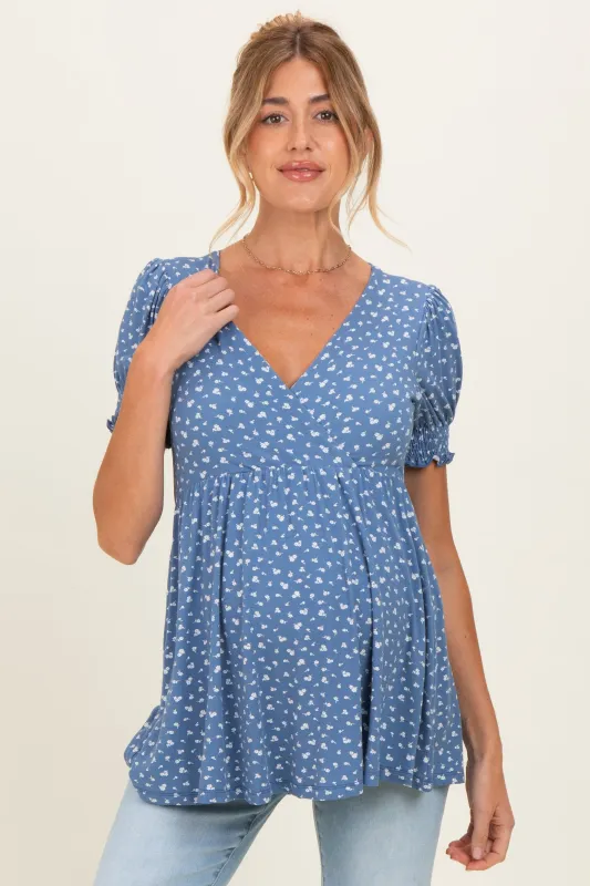 Blue Ditsy Floral Smocked Sleeve Maternity Wrap Top made by Pinkblush
