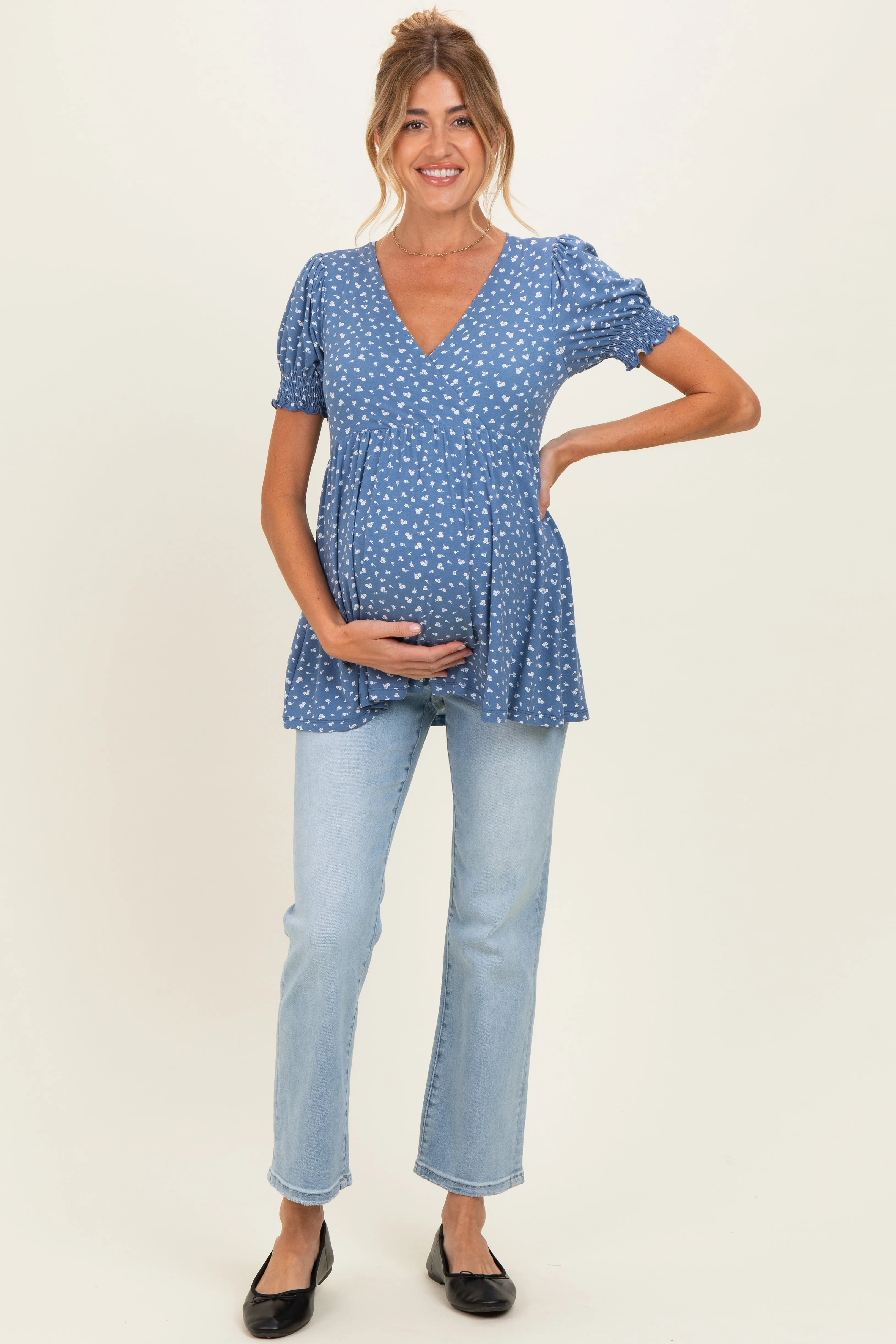 Blue Ditsy Floral Smocked Sleeve Maternity Wrap Top sold by Pinkblush product image thumbnail 2