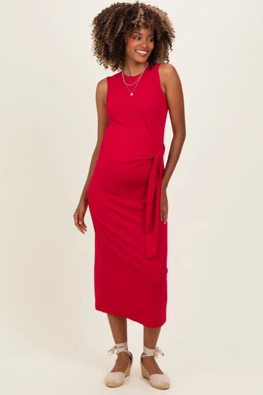 Fuchsia Sleeveless Waist Tie Maternity Midi Dress made by Active Basic