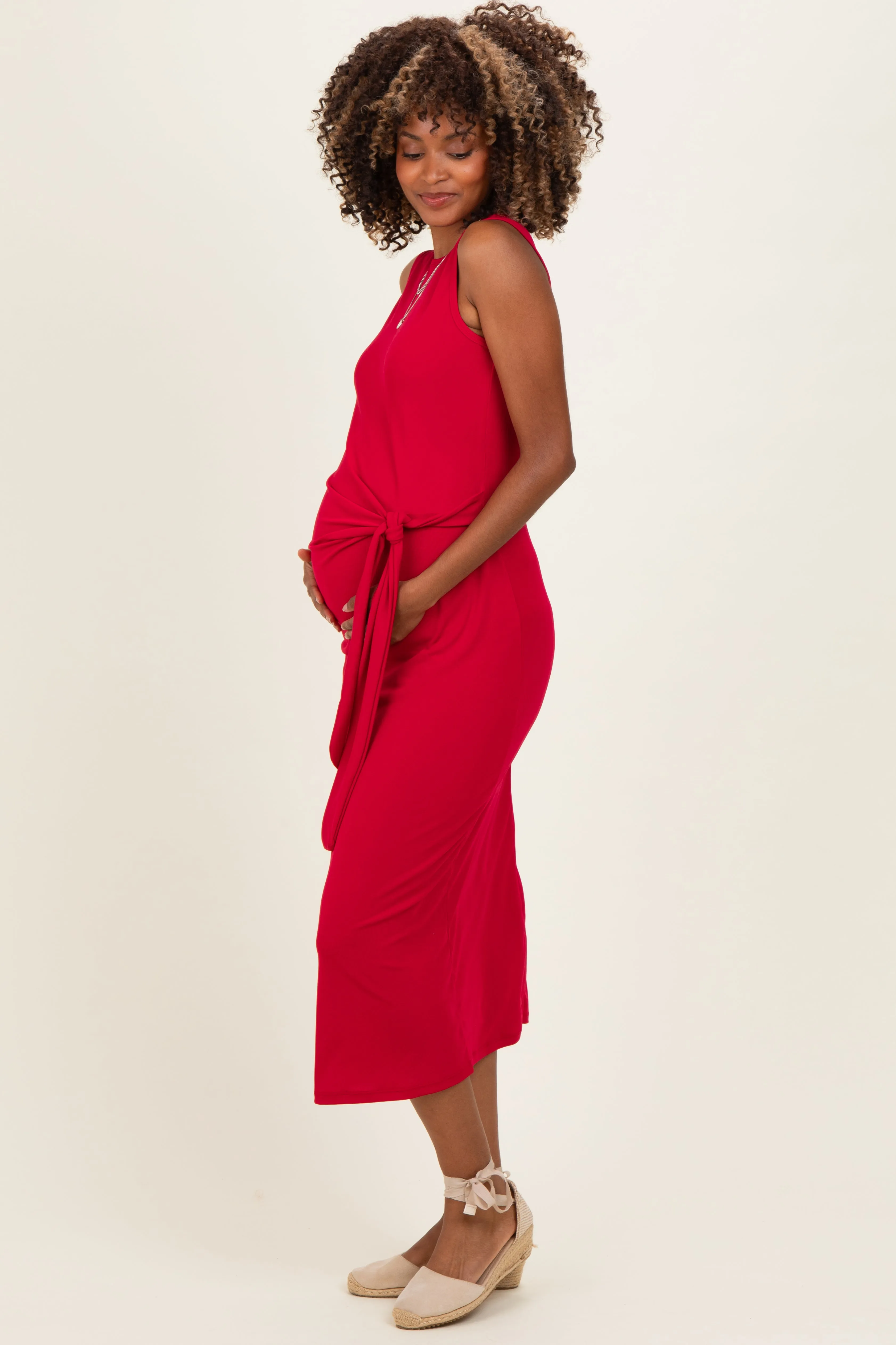 Fuchsia Sleeveless Waist Tie Maternity Midi Dress sold by Pinkblush product image thumbnail 2