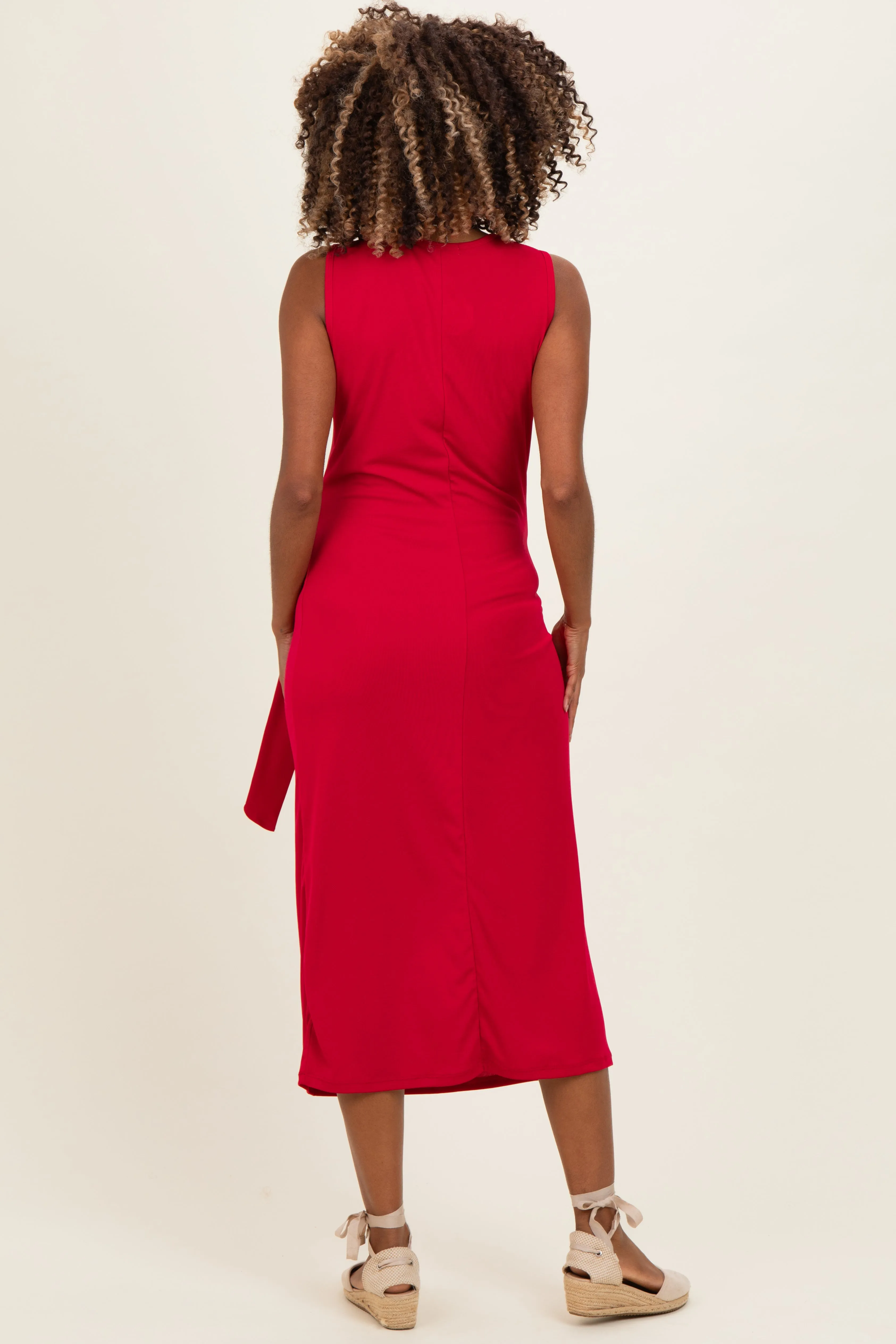 Fuchsia Sleeveless Waist Tie Maternity Midi Dress sold by Pinkblush product image thumbnail 3