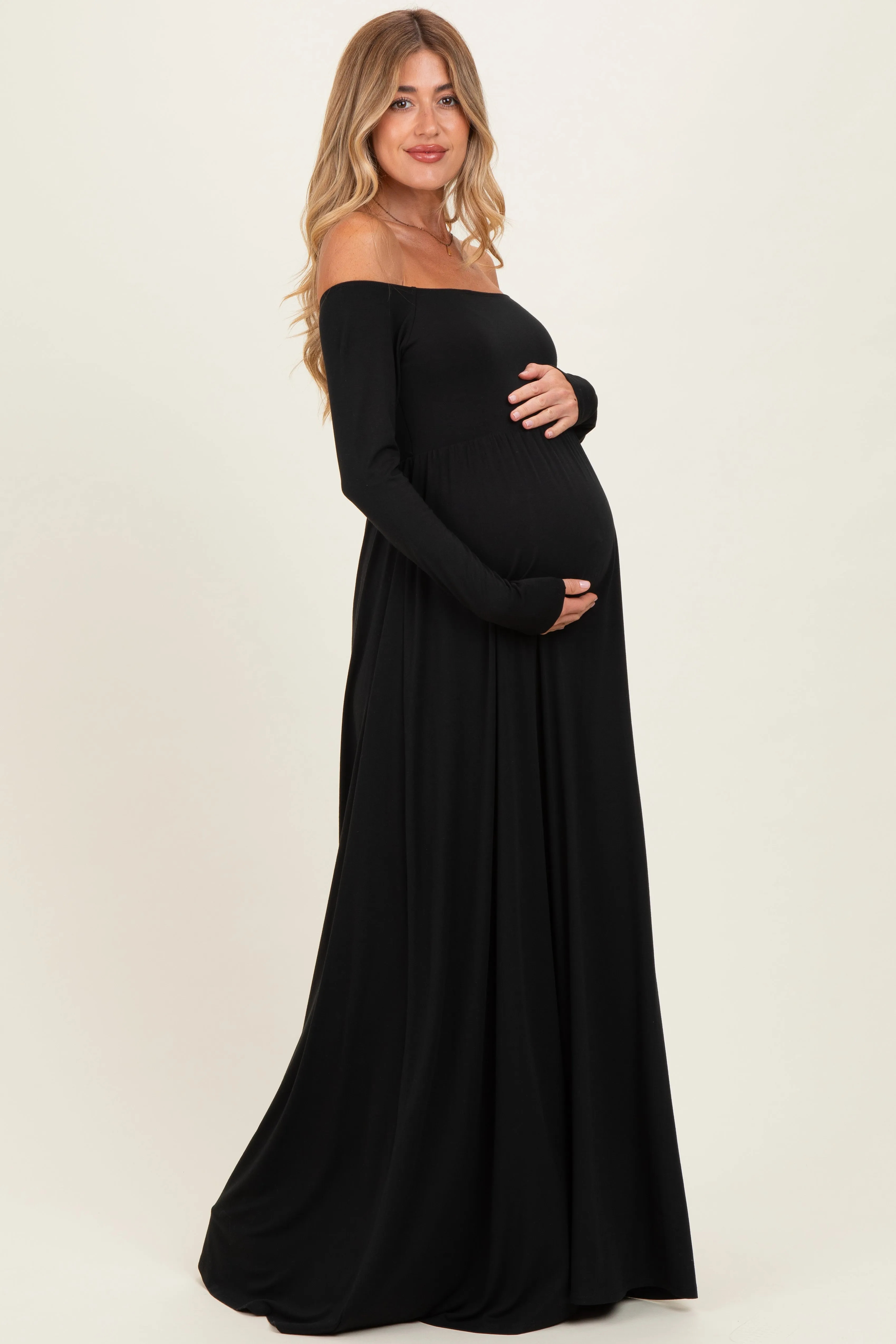 PinkBlush Black Off Shoulder Maternity Maxi Dress sold by Pinkblush product image thumbnail 2