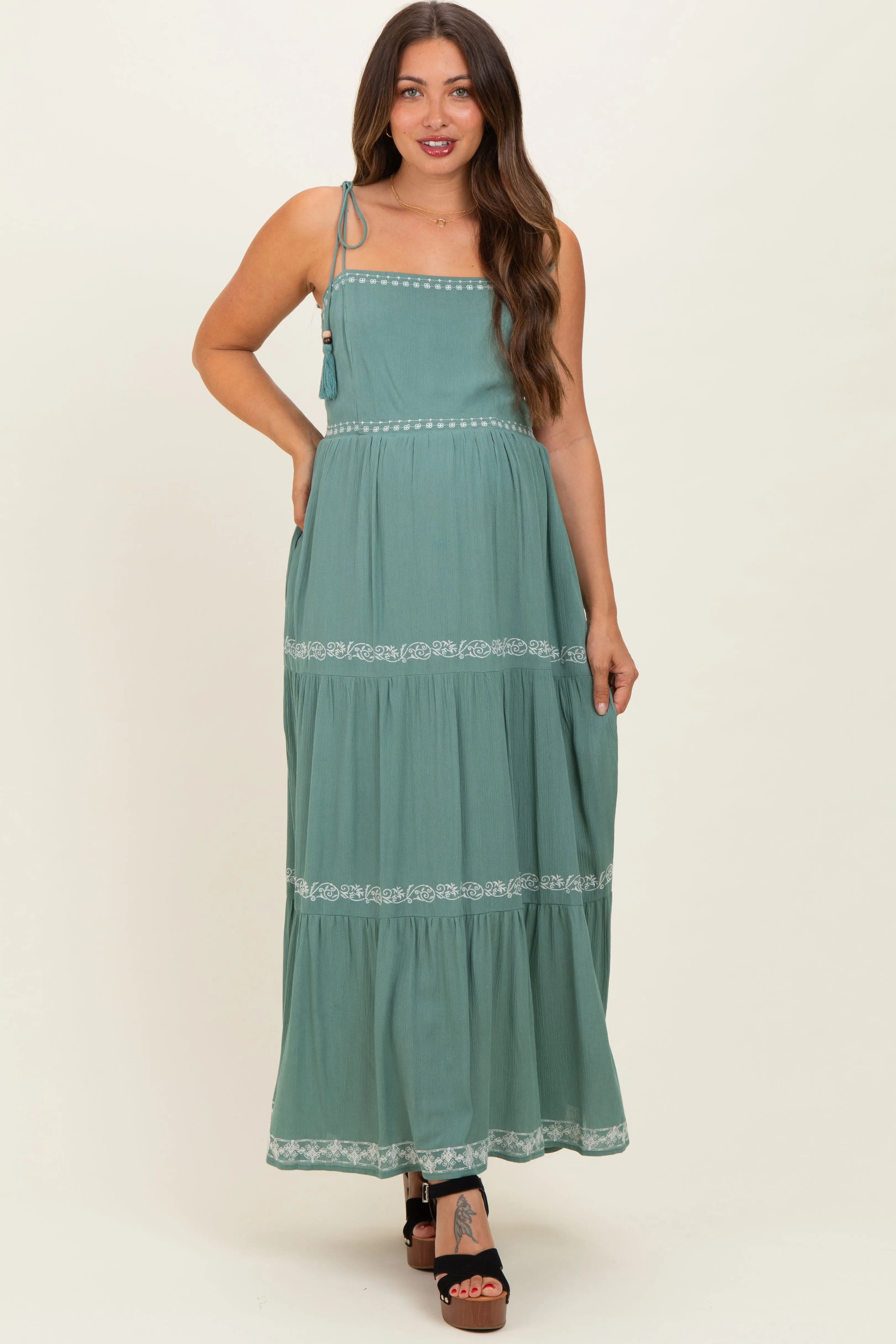Jade Embroidered Tiered Maternity Maxi Dress sold by Pinkblush