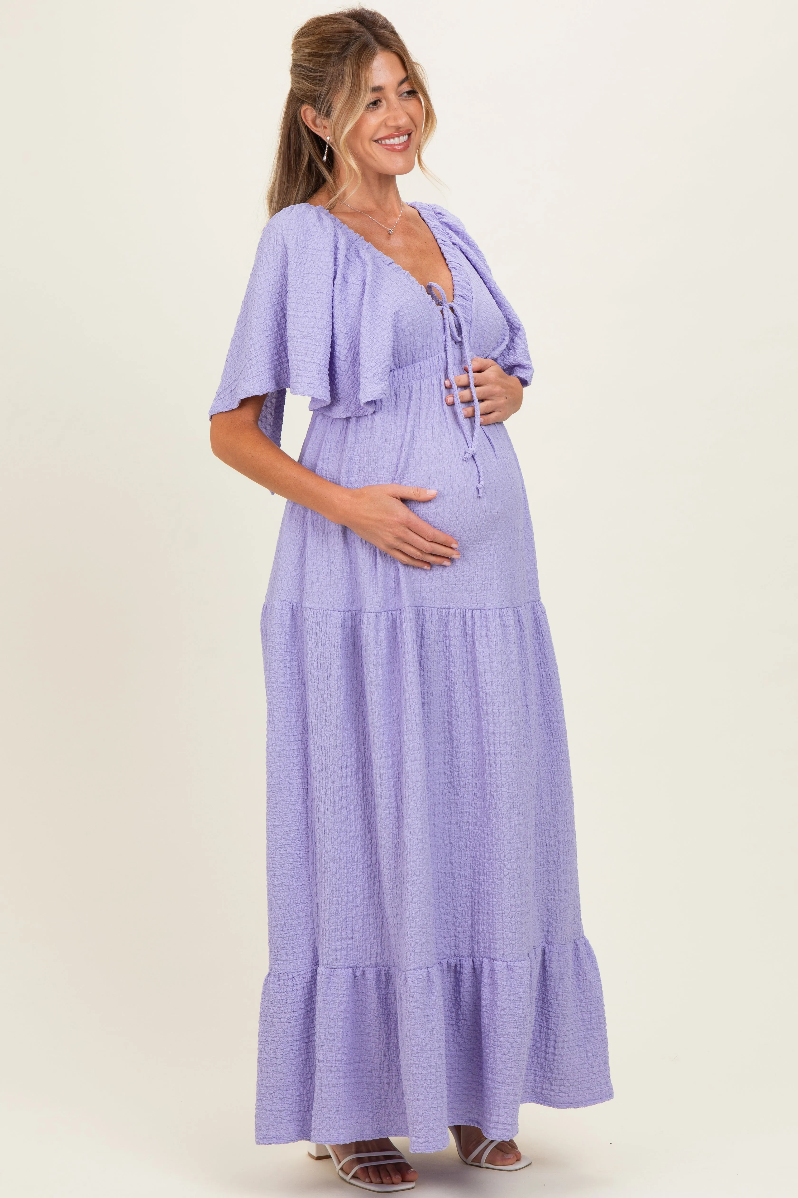 Lavender Woven Textured Flutter Sleeve V-Neck Tiered Maternity Maxi Dress sold by Pinkblush product image thumbnail 2