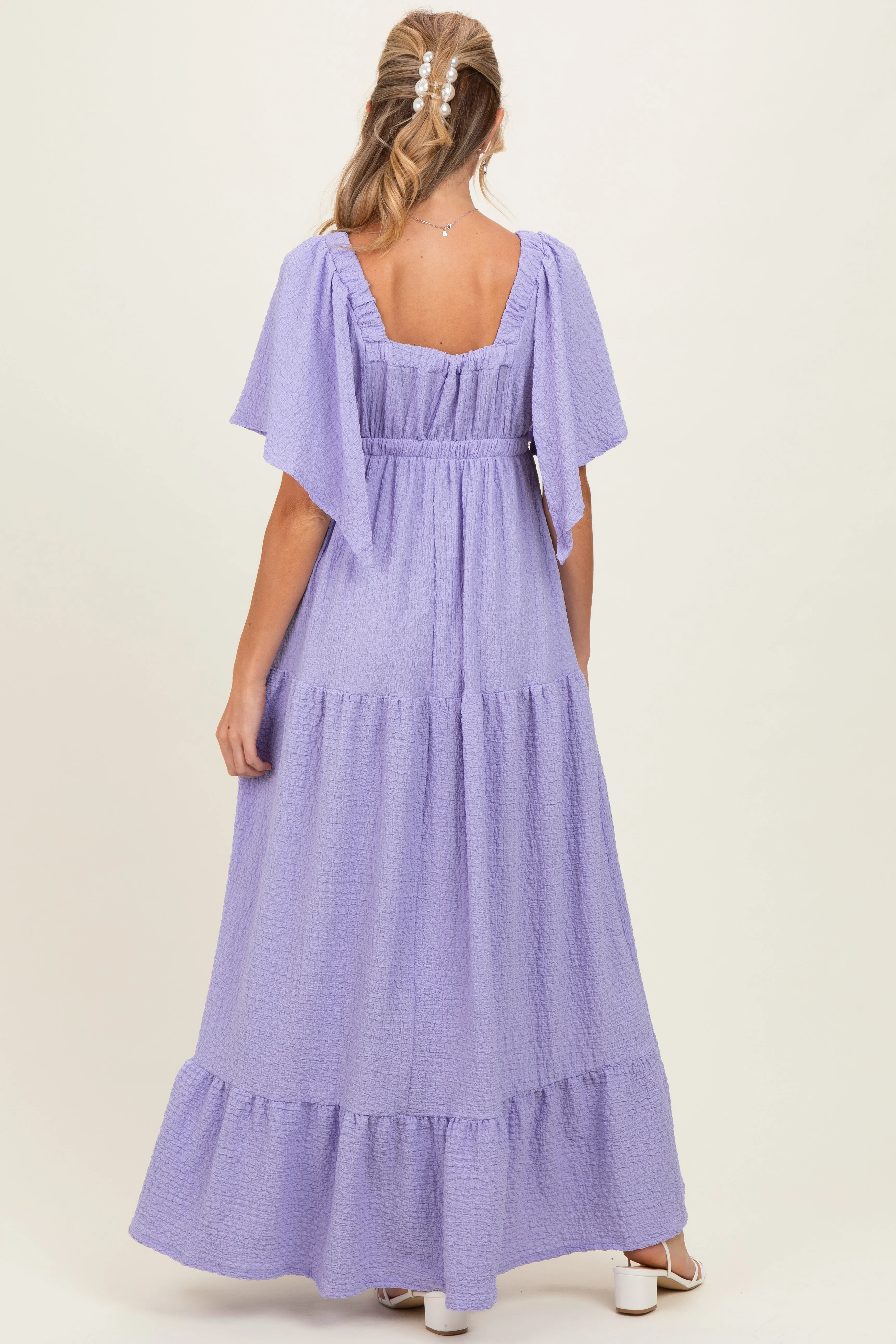 Lavender Woven Textured Flutter Sleeve V-Neck Tiered Maternity Maxi Dress sold by Pinkblush product image thumbnail 3