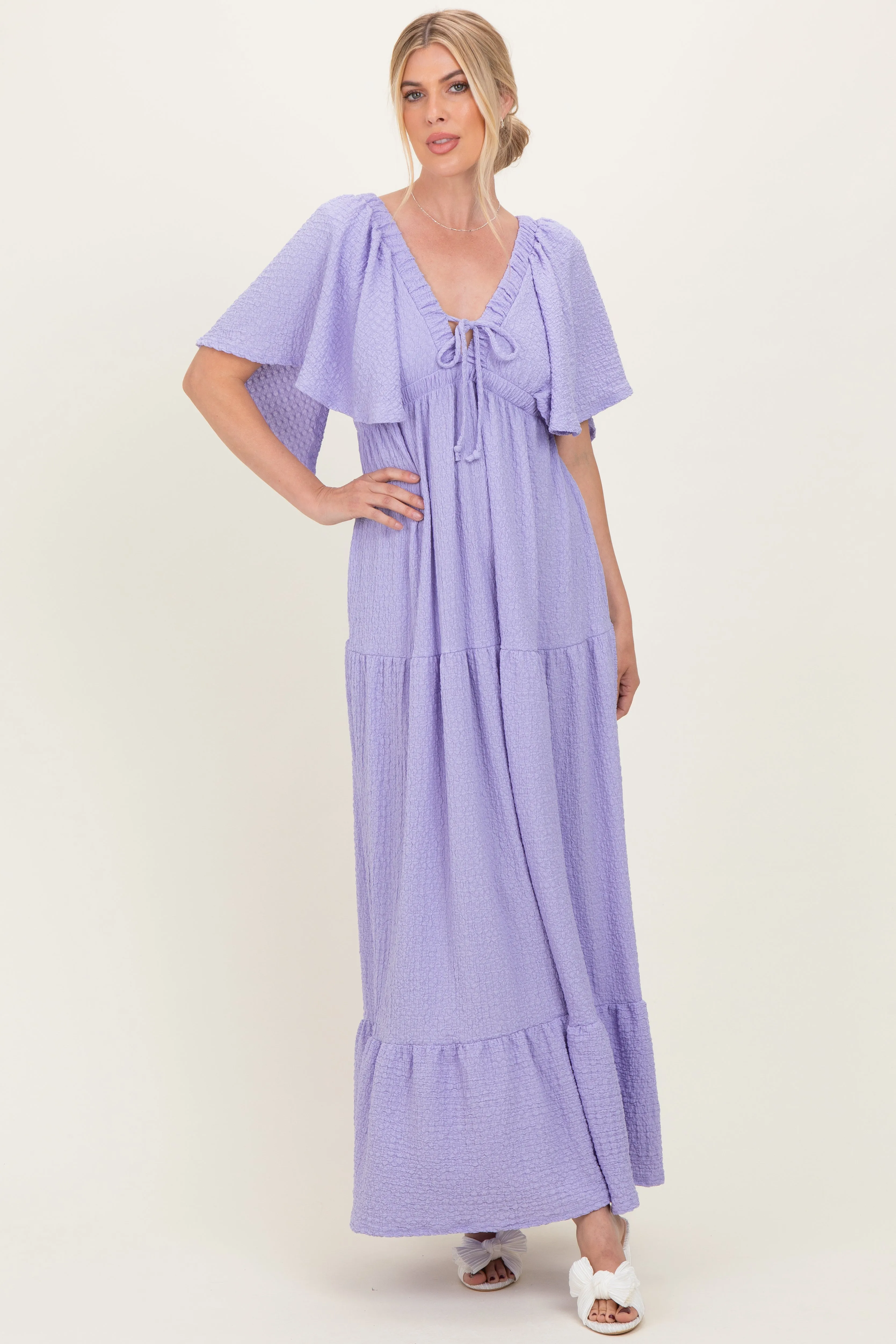 Lavender Woven Textured Flutter Sleeve V-Neck Tiered Maternity Maxi Dress sold by Pinkblush product image thumbnail 4