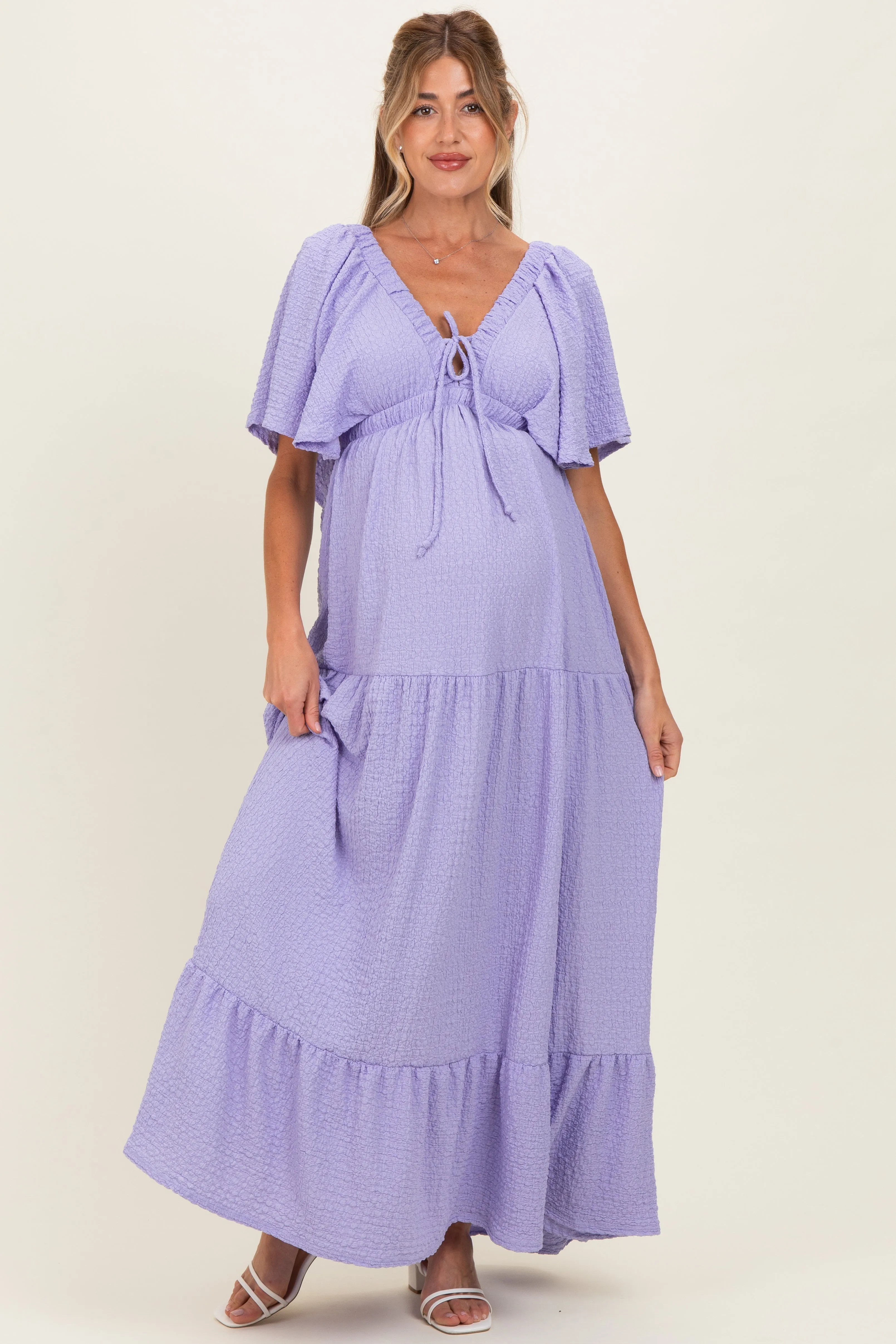 Lavender Woven Textured Flutter Sleeve V-Neck Tiered Maternity Maxi Dress sold by Pinkblush