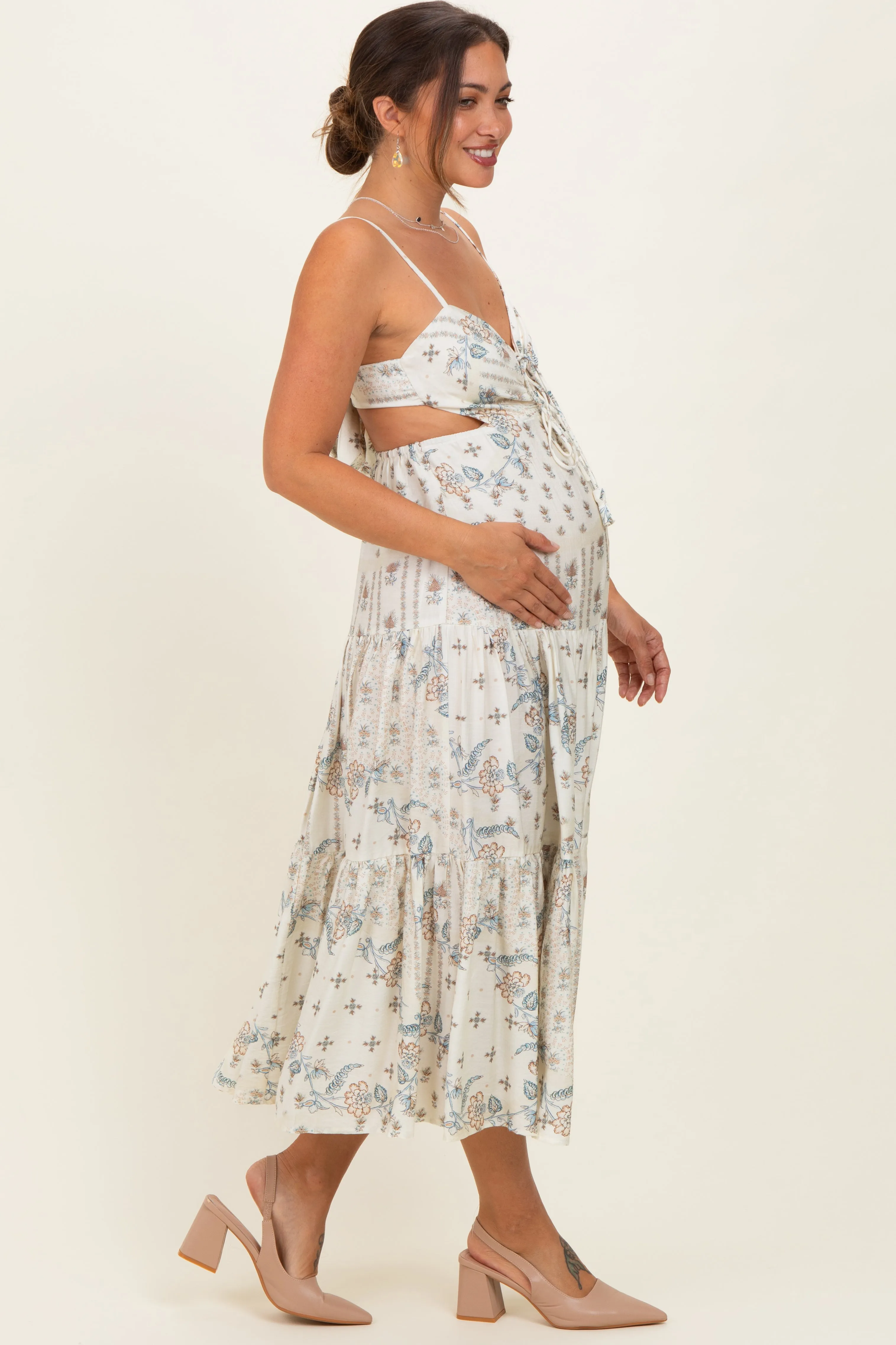 Ivory Floral Tiered Front Tie Maternity Midi Dress sold by Pinkblush product image thumbnail 3