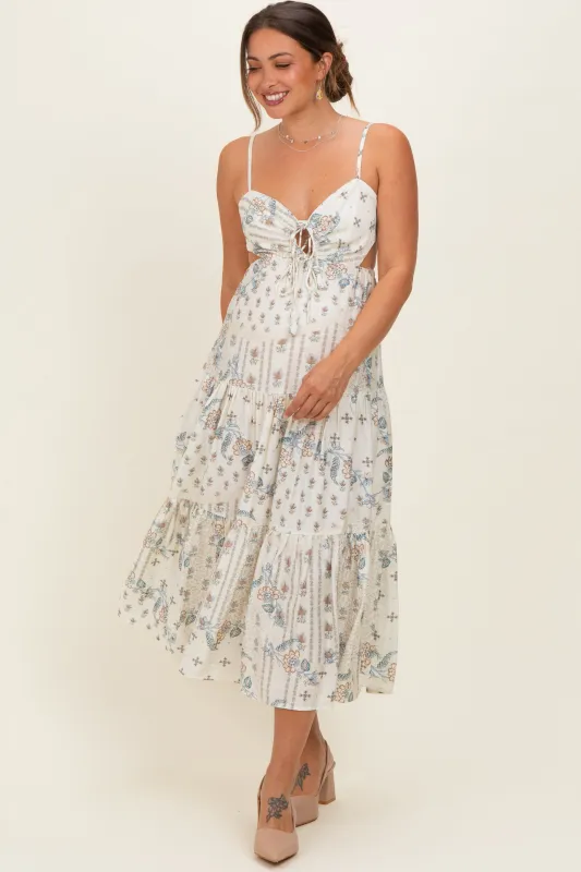 Ivory Floral Tiered Front Tie Maternity Midi Dress made by Aakaa