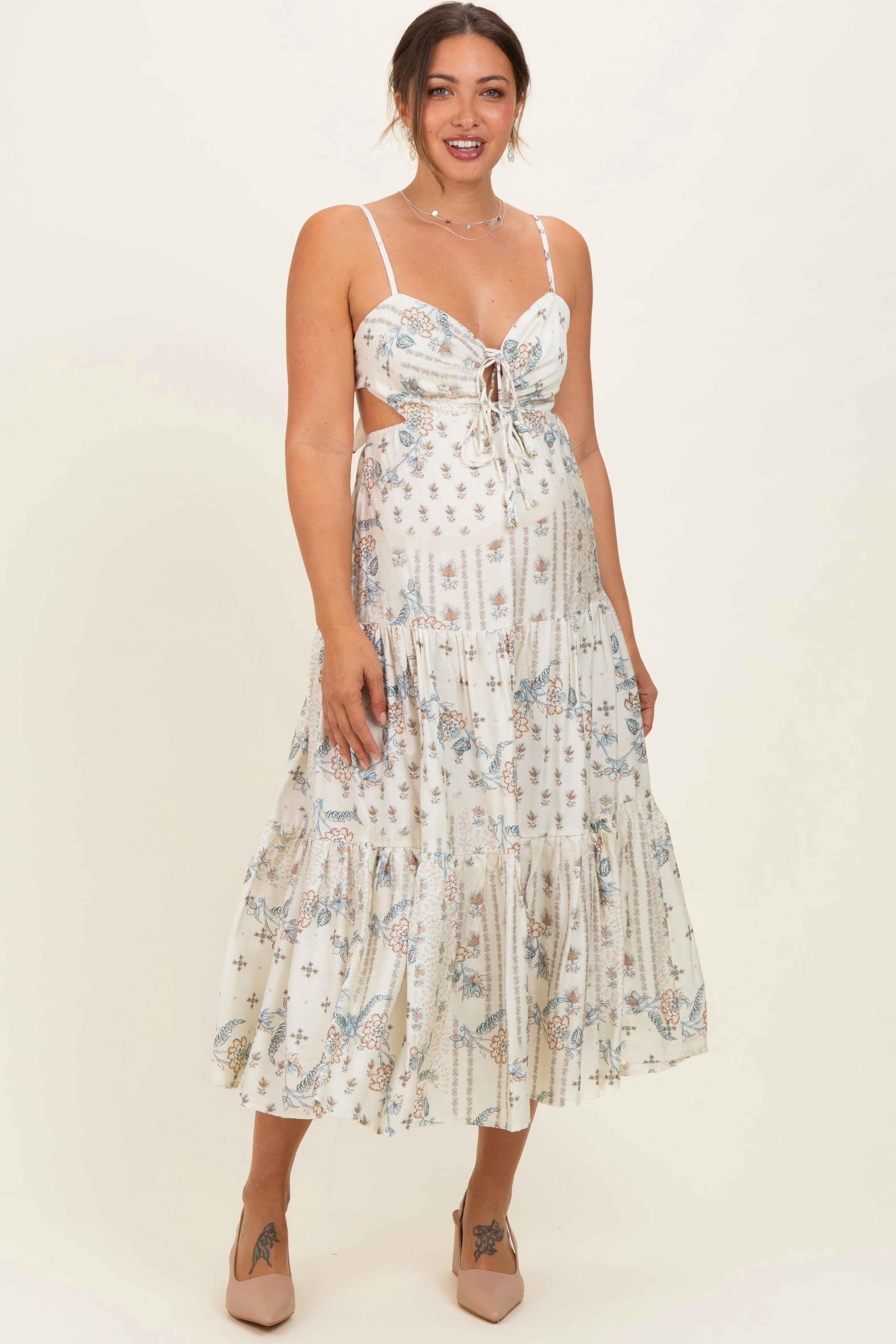 Ivory Floral Tiered Front Tie Maternity Midi Dress sold by Pinkblush product image thumbnail 2