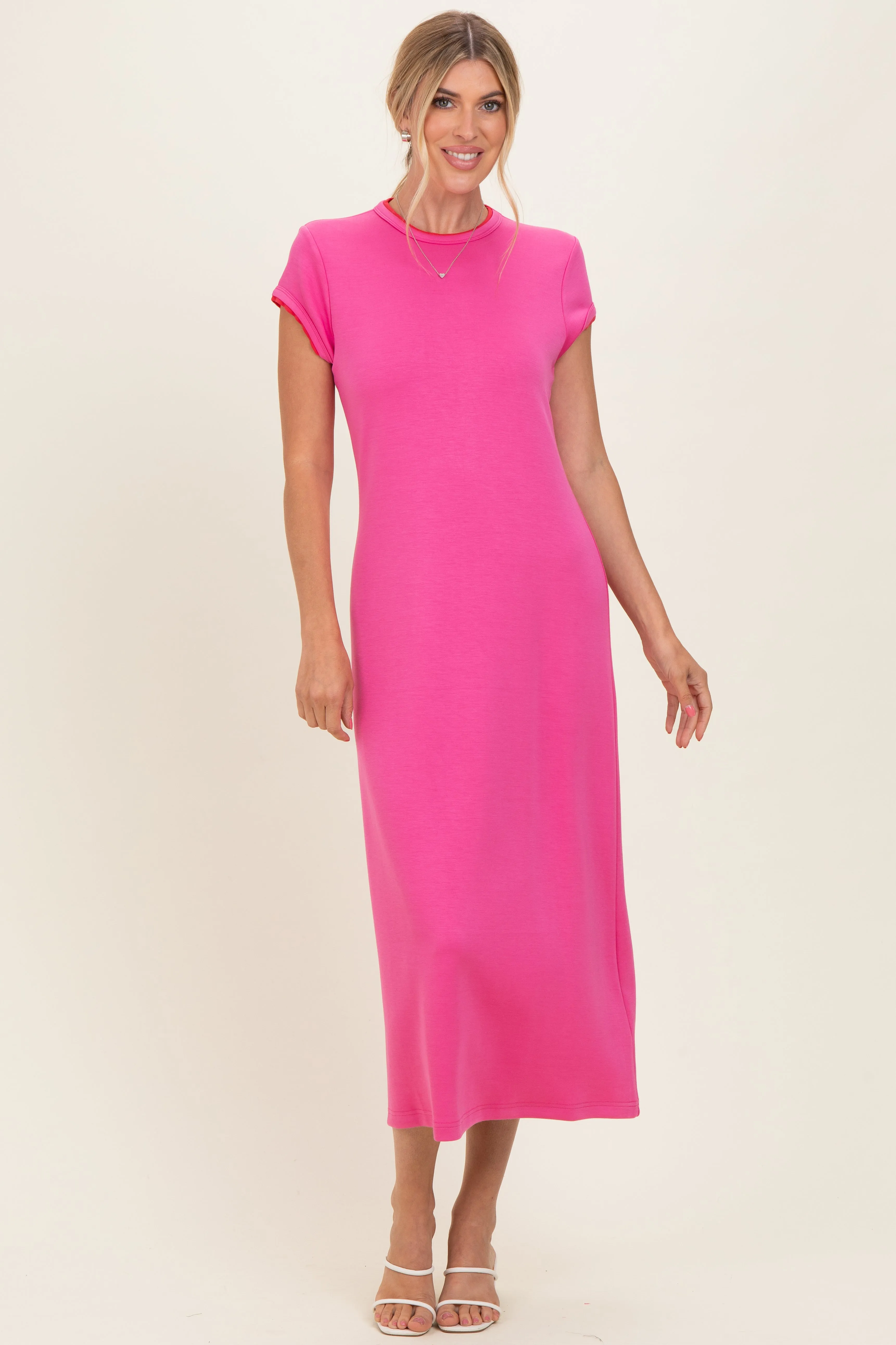 Fuchsia Contrast Trim Short Sleeve Midi Dress sold by Pinkblush