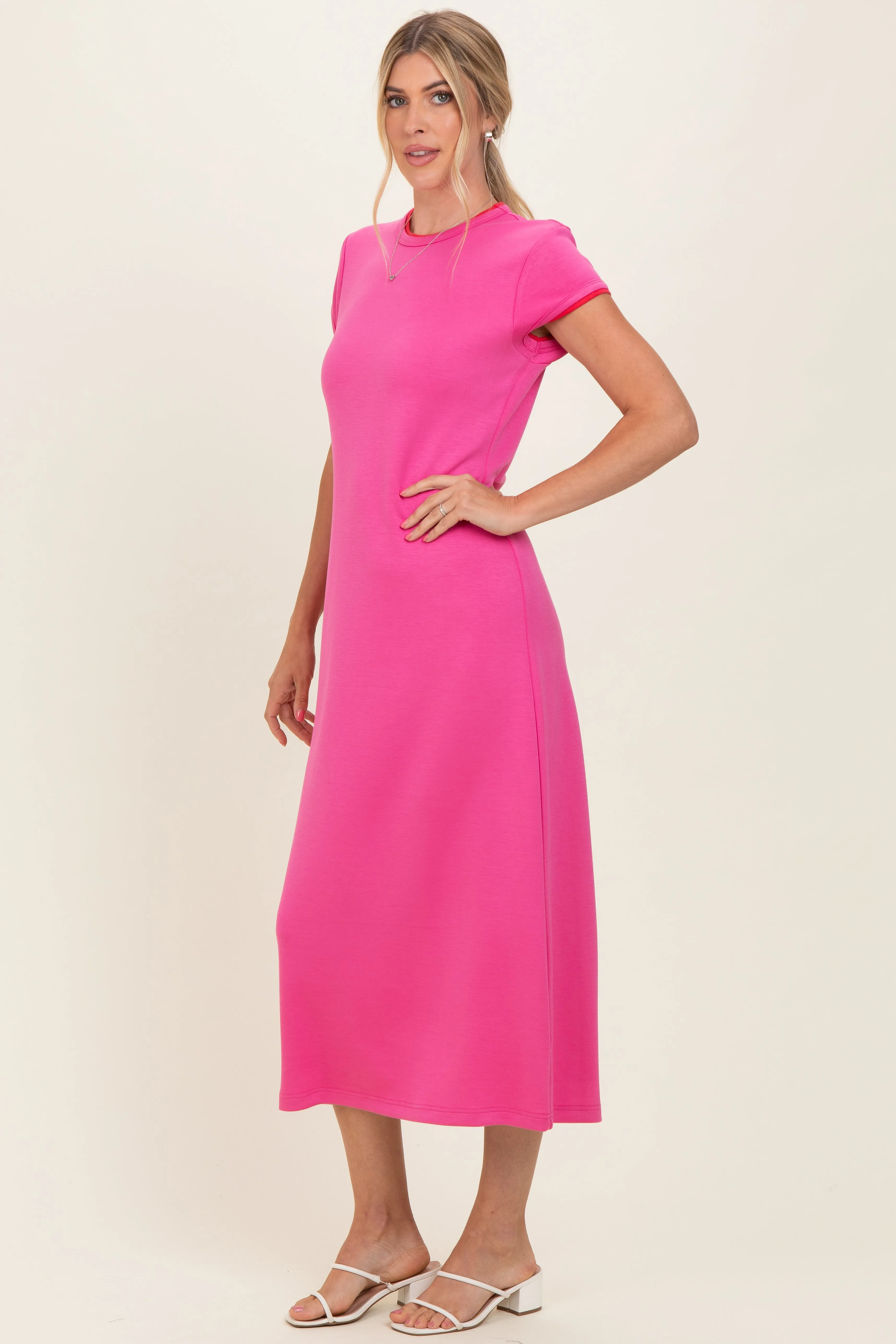 Fuchsia Contrast Trim Short Sleeve Midi Dress sold by Pinkblush product image thumbnail 2