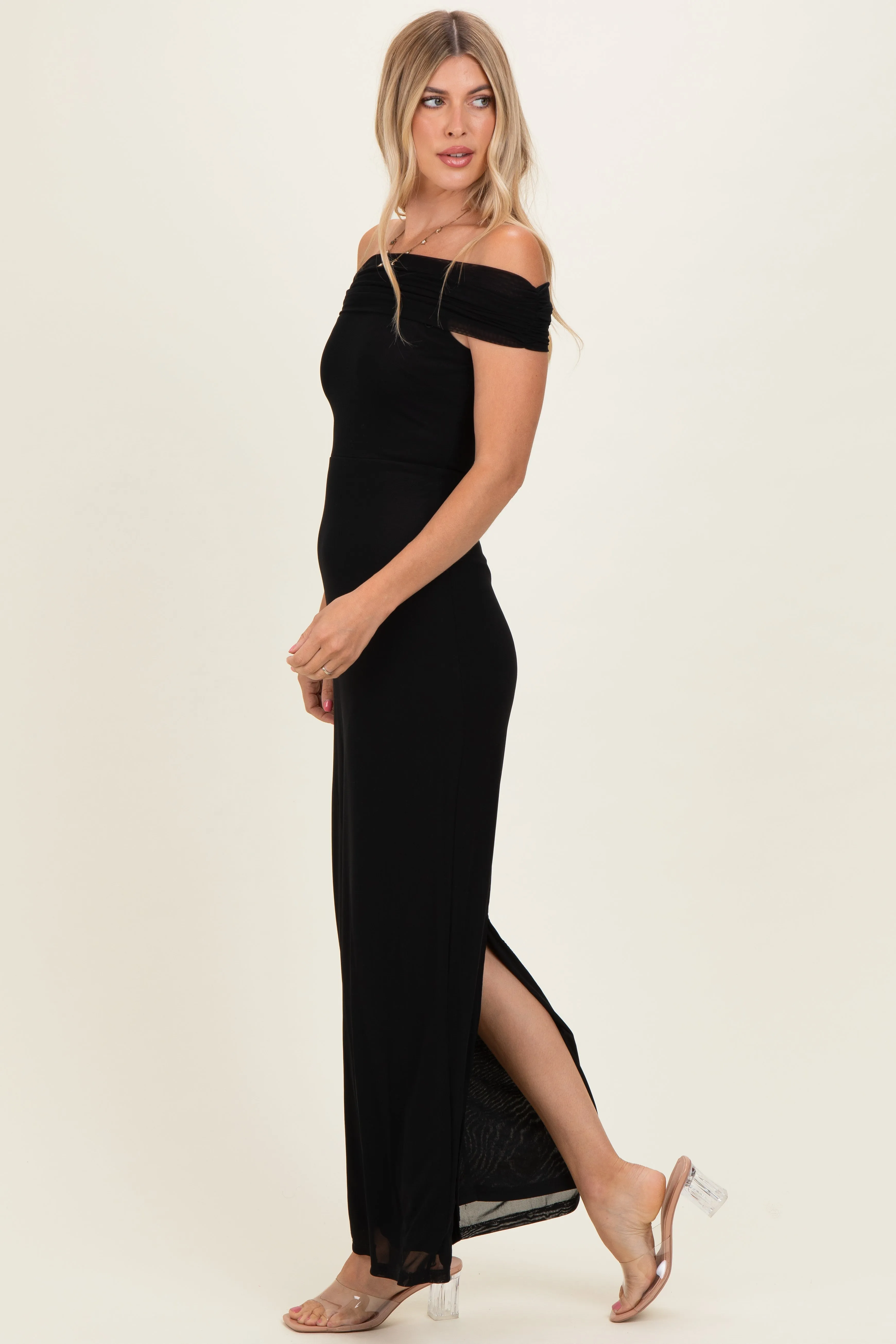 Black Off Shoulder Mesh Maxi Dress sold by Pinkblush product image thumbnail 2