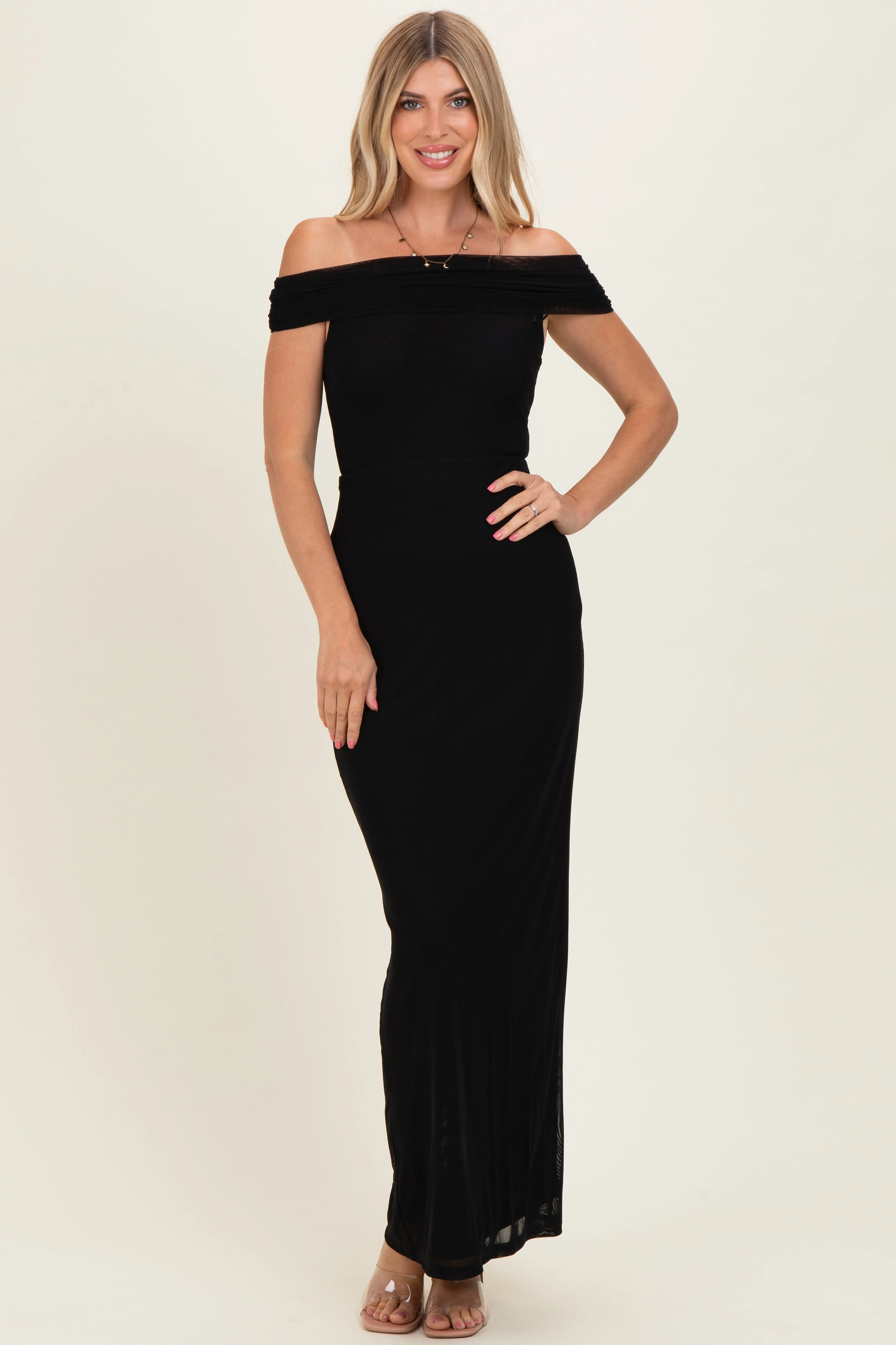 Black Off Shoulder Mesh Maxi Dress sold by Pinkblush