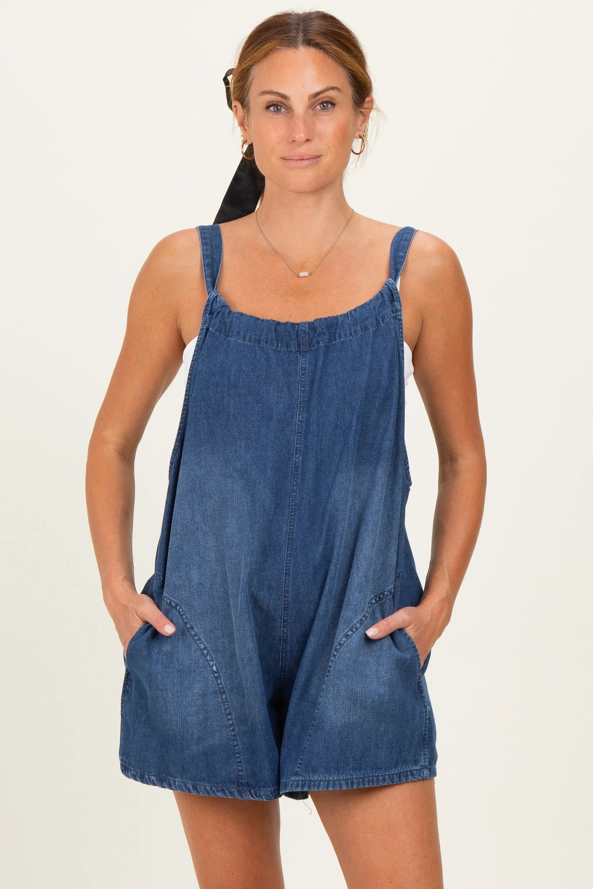 Navy Low Tie Back Denim Shortall sold by Pinkblush