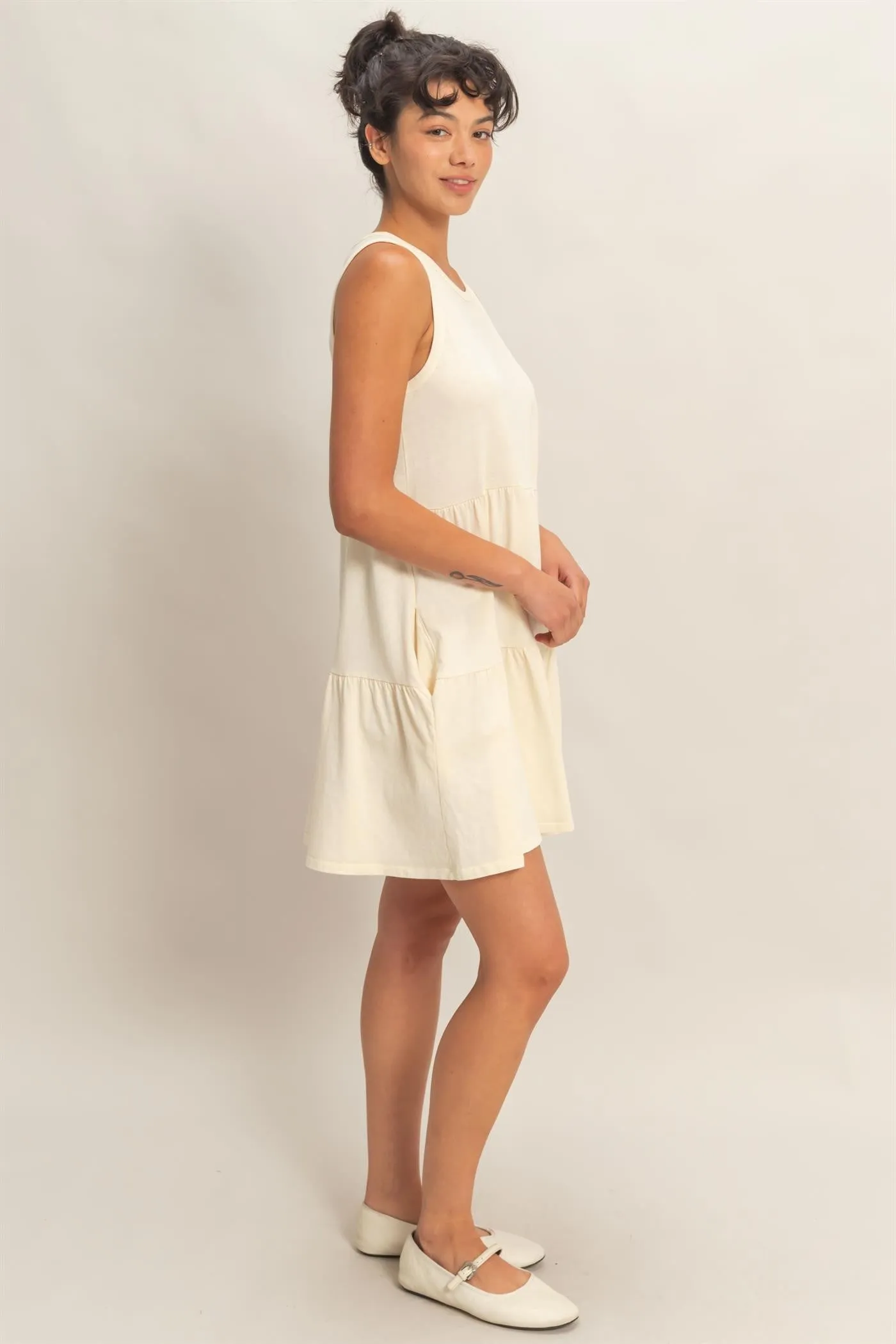 Cream Sleeveless Crewneck Tiered Mini Dress sold by Pinkblush product image thumbnail 3