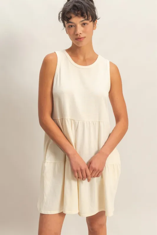Cream Sleeveless Crewneck Tiered Mini Dress made by HYFVE