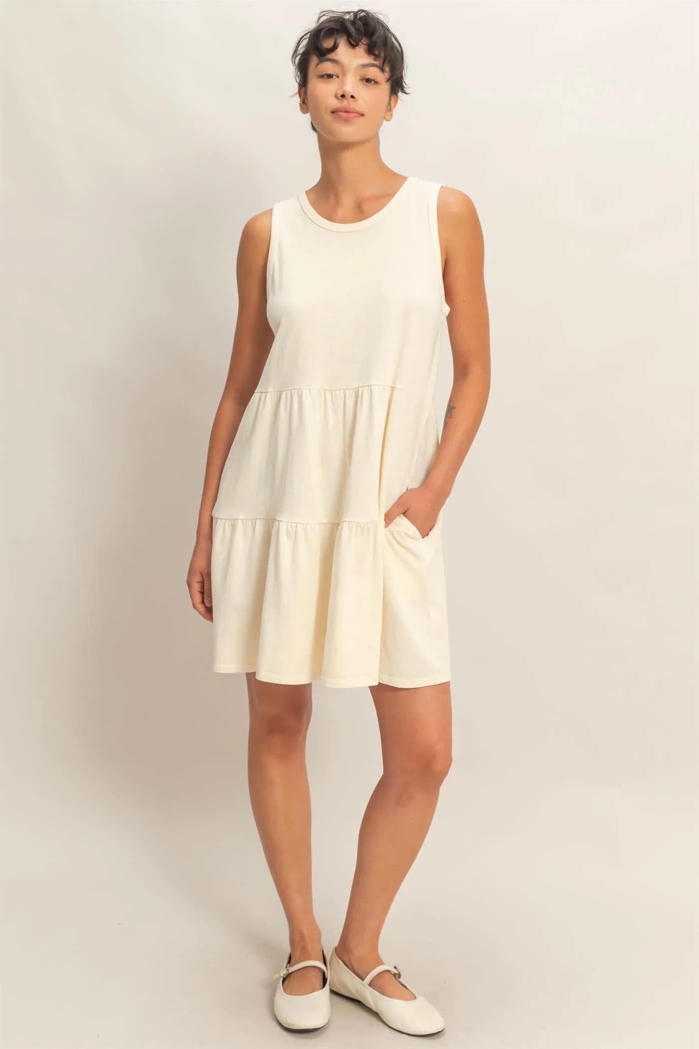 Cream Sleeveless Crewneck Tiered Mini Dress sold by Pinkblush product image thumbnail 2