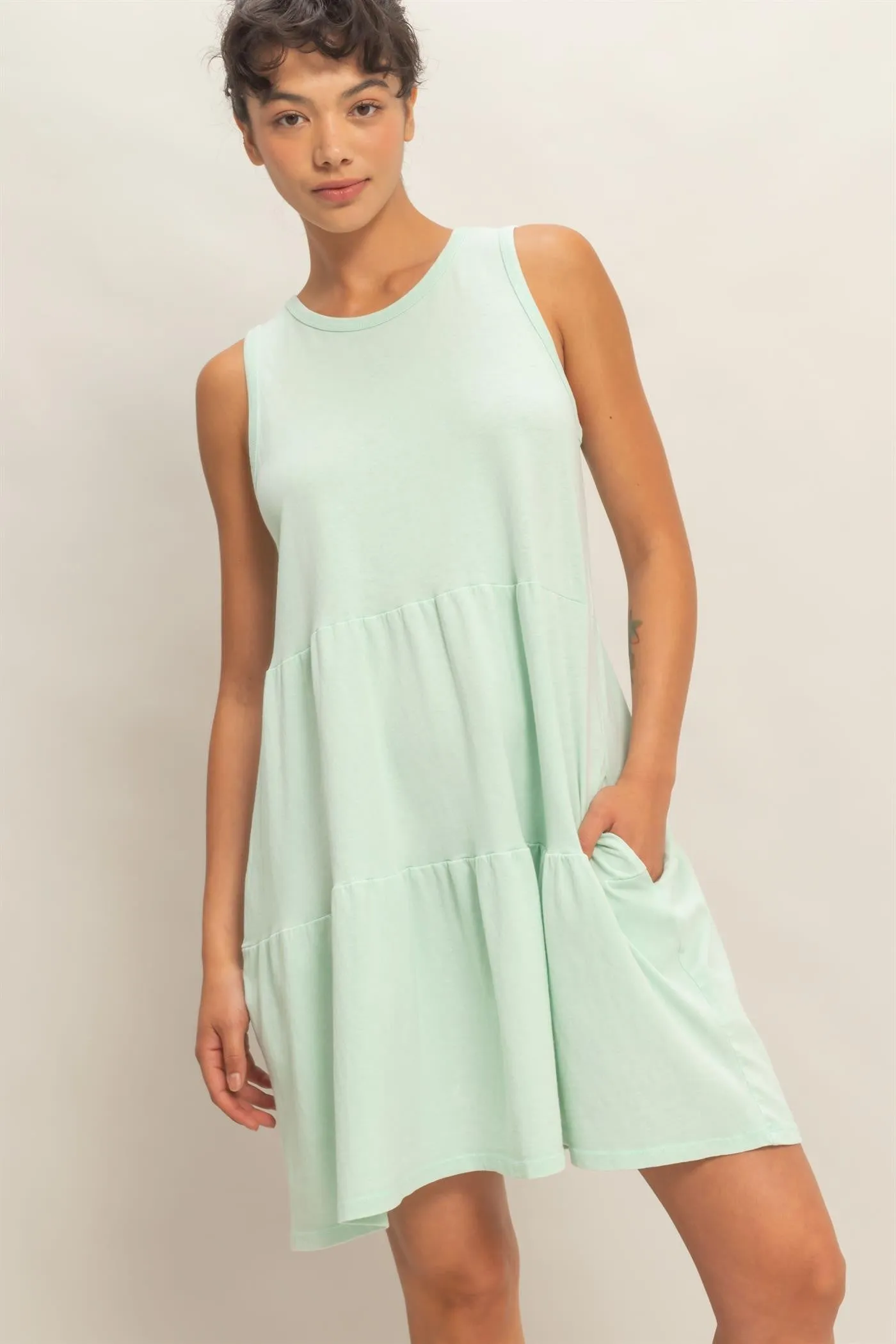 Mint Sleeveless Crewneck Tiered Mini Dress sold by Pinkblush