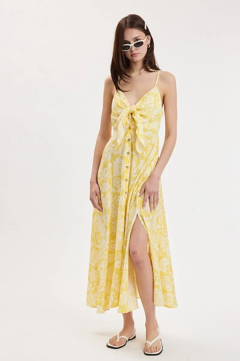 Yellow Floral Front Tie Racerback Midi Dress sold by Pinkblush