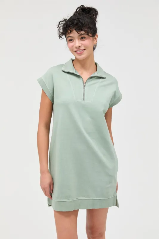 Sage Green Half Zip Up Mock Neck Mini Dress made by HYFVE