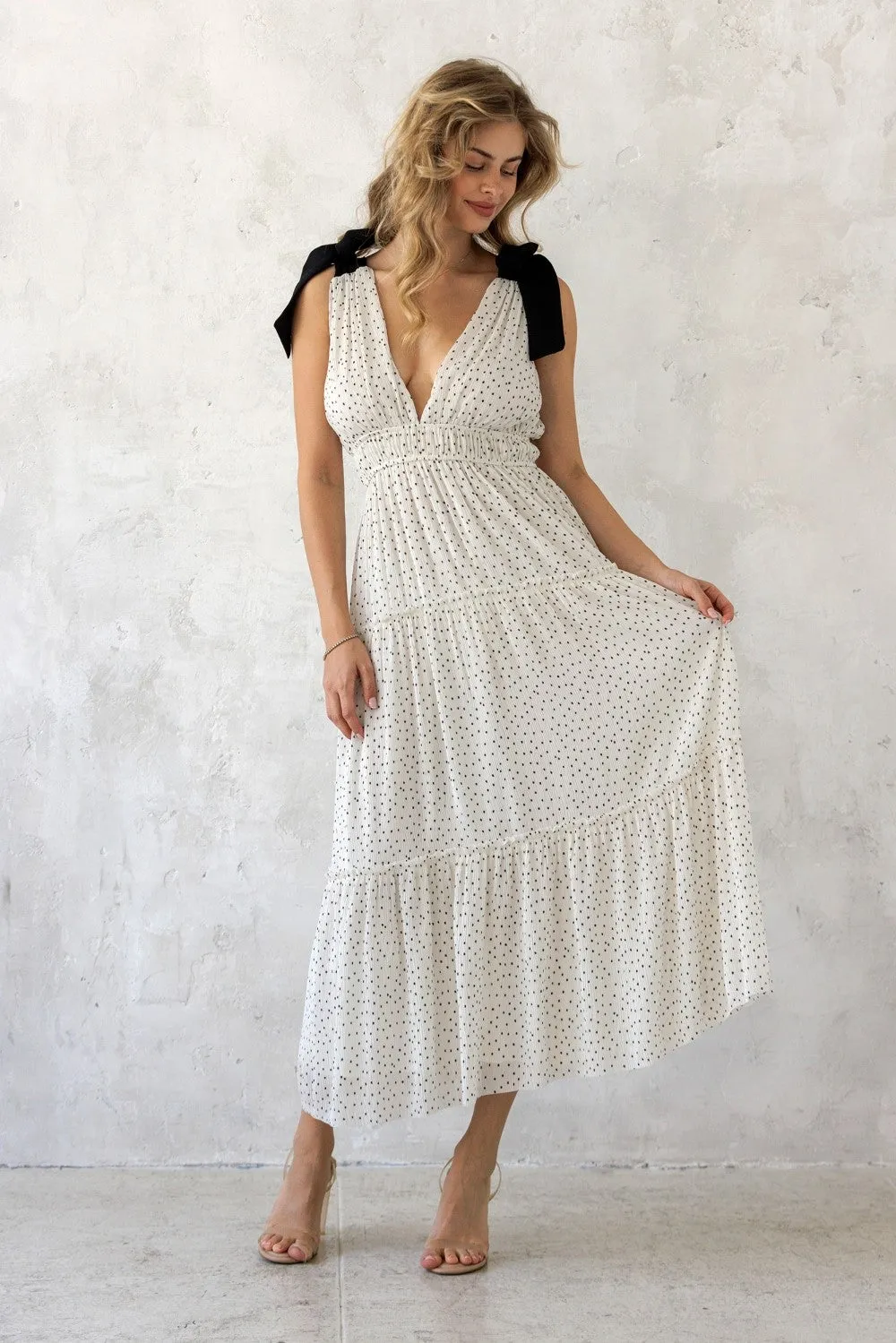 White Polka Dot Shoulder Tie Dress sold by Pinkblush