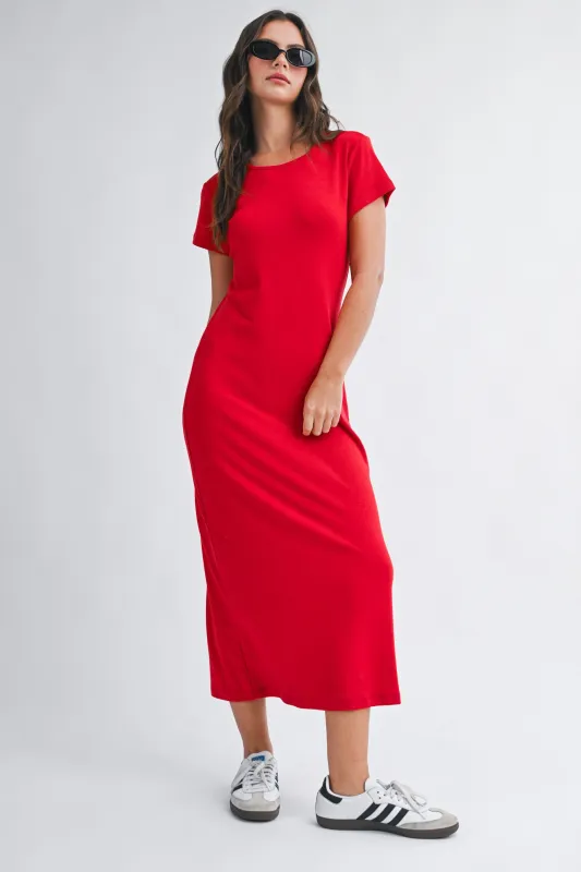 Red Basic Crewneck Midi Dress made by Pinkblush