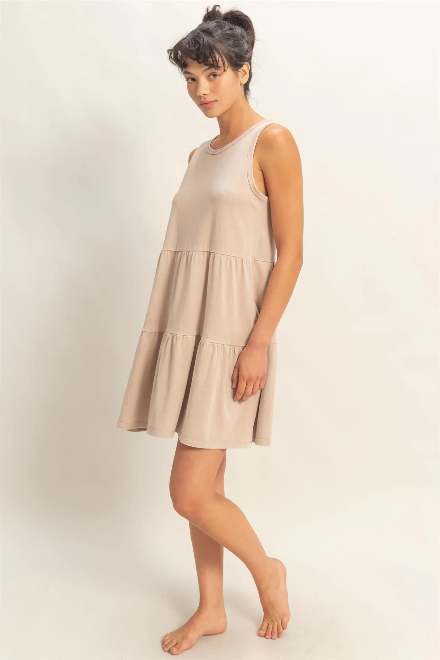 Dark Taupe Sleeveless Crewneck Tiered Mini Dress sold by Pinkblush product image thumbnail 2