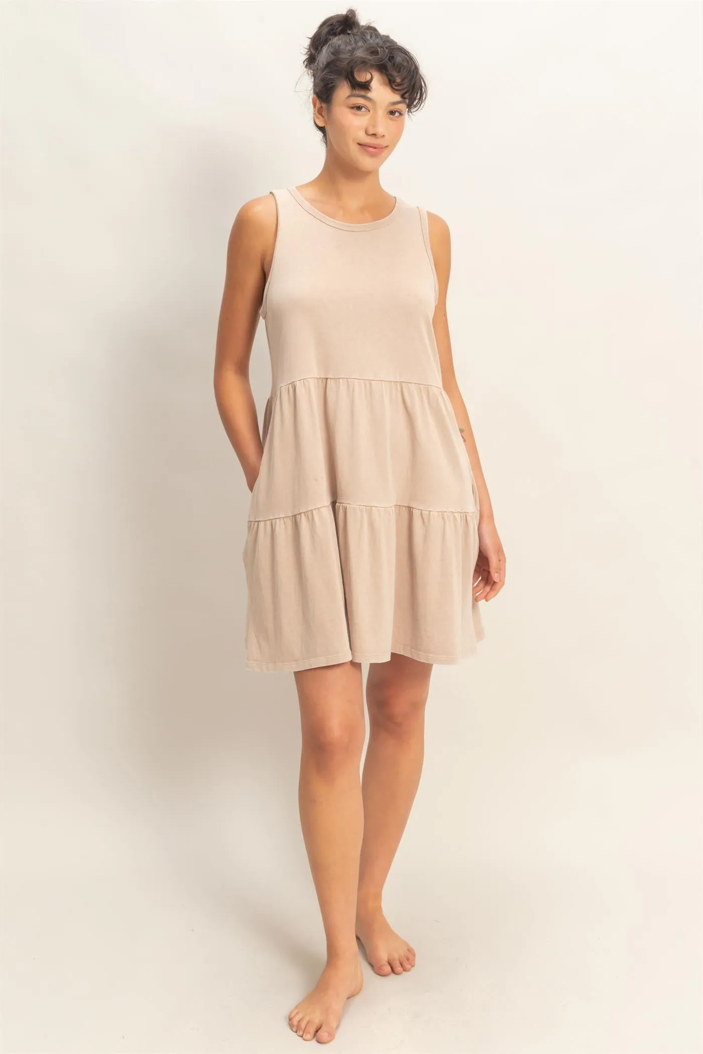 Dark Taupe Sleeveless Crewneck Tiered Mini Dress sold by Pinkblush product image thumbnail 4