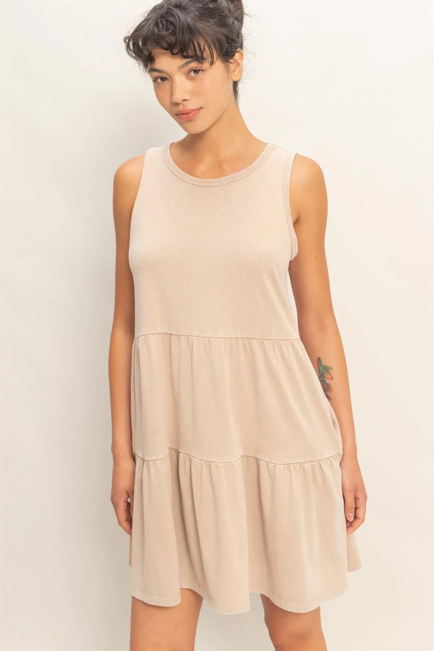 Dark Taupe Sleeveless Crewneck Tiered Mini Dress sold by Pinkblush