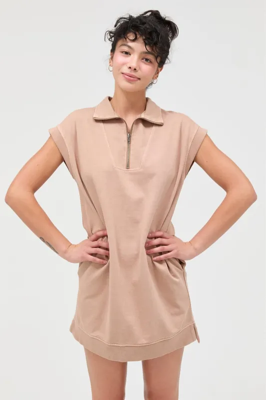 Taupe Half Zip Up Mock Neck Mini Dress made by HYFVE
