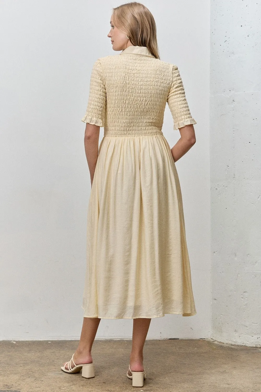 Pale Yellow Smocked Button Down Midi Dress sold by Pinkblush product image thumbnail 3