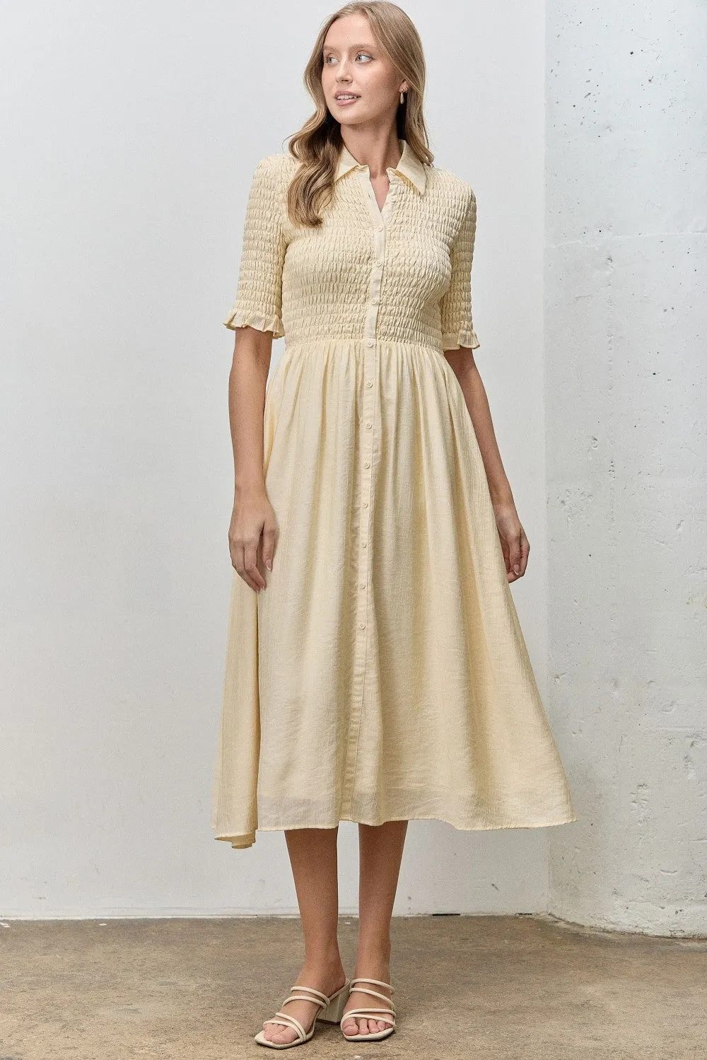 Pale Yellow Smocked Button Down Midi Dress sold by Pinkblush