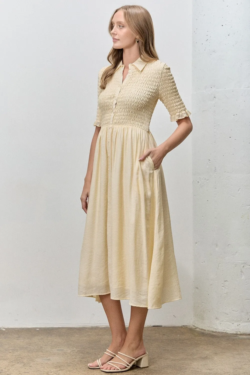 Pale Yellow Smocked Button Down Midi Dress sold by Pinkblush product image thumbnail 2