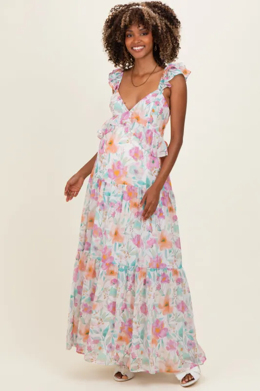Ivory Floral Ruffle Accent Maternity Maxi Dress made by Flying Tomato