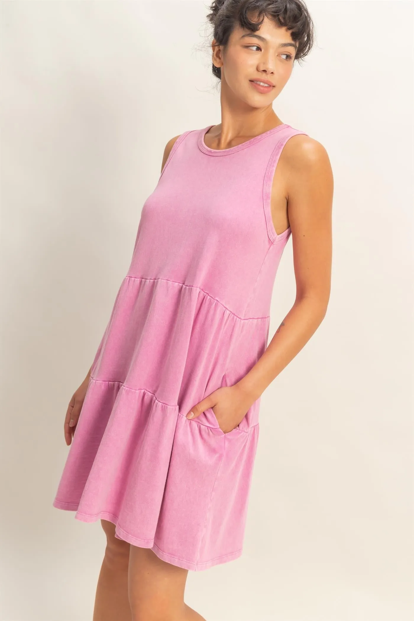 Fuchsia Sleeveless Crewneck Tiered Mini Dress sold by Pinkblush product image thumbnail 2